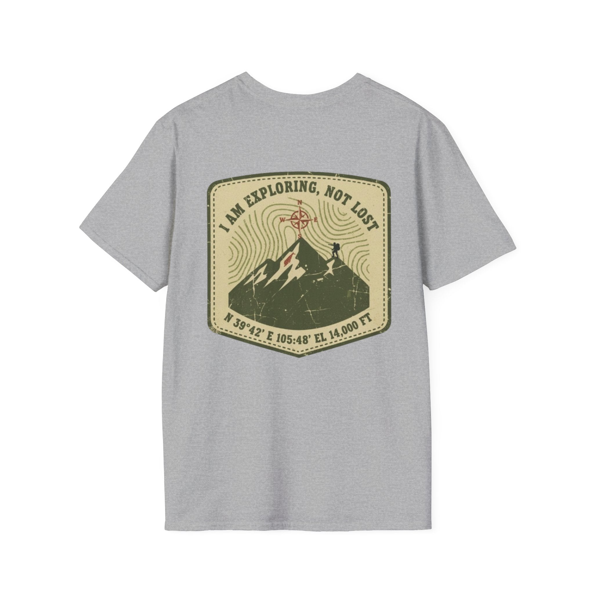 Adventure T-Shirt — "I Am Exploring, Not Lost" Mountain Patch Crew