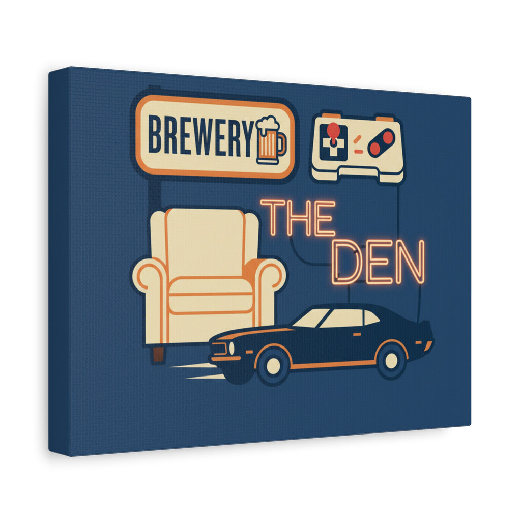 The Den Canvas Wall Art – Retro Brewery, Armchair & Classic Car Matte Print