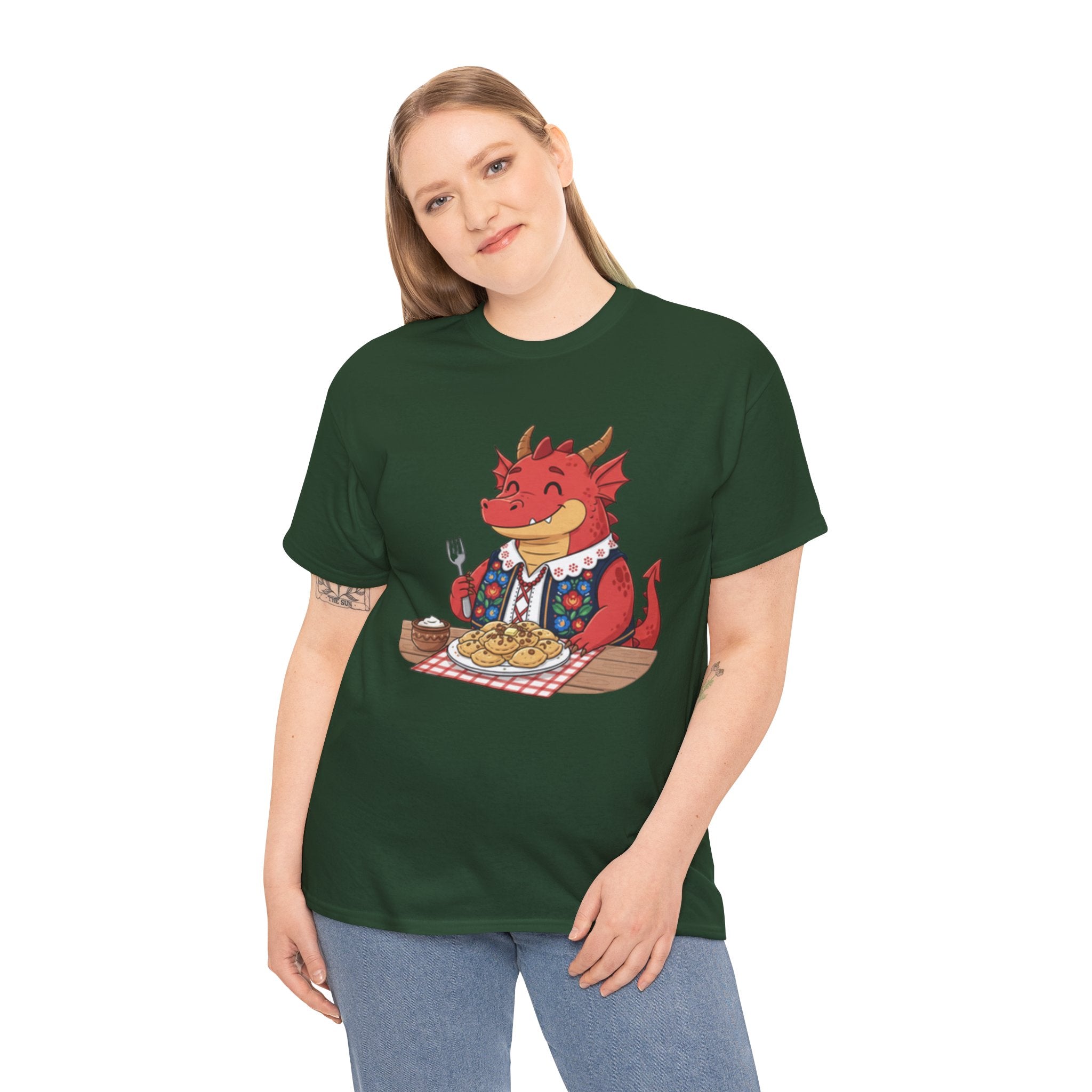 Dragon Eating Pierogi T-Shirt — "Mój nowy smok. Też lubi pierogi." Cute Polish Food Tee