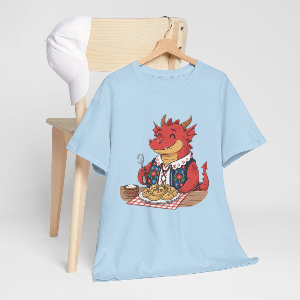 Dragon Eating Pierogi T-Shirt — "Mój nowy smok. Też lubi pierogi." Cute Polish Food Tee
