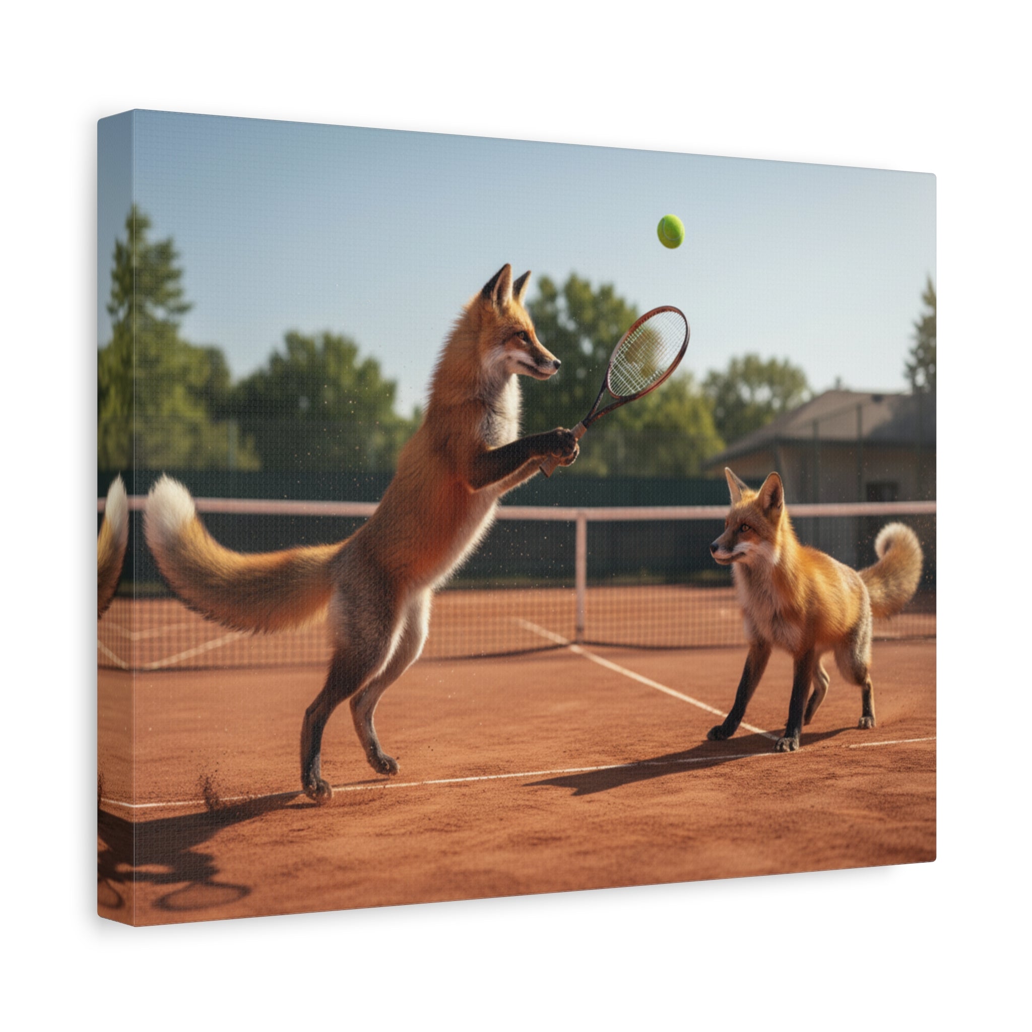 Foxes Playing Tennis Matte Canvas Wall Art — Whimsical Animal Sports Print