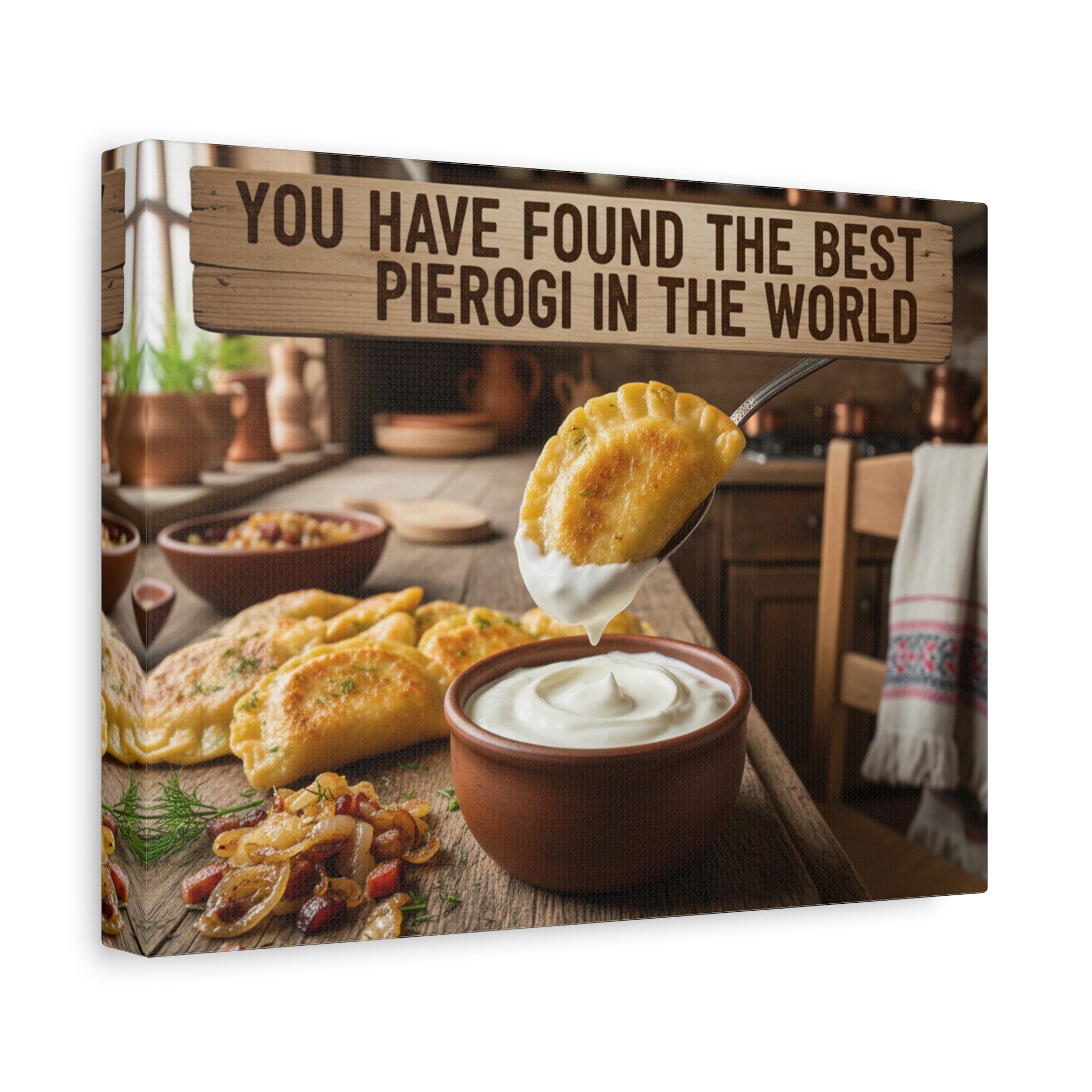 Pierogi Kitchen Canvas Wall Art — Rustic Food Canvas with Sour Cream Dip