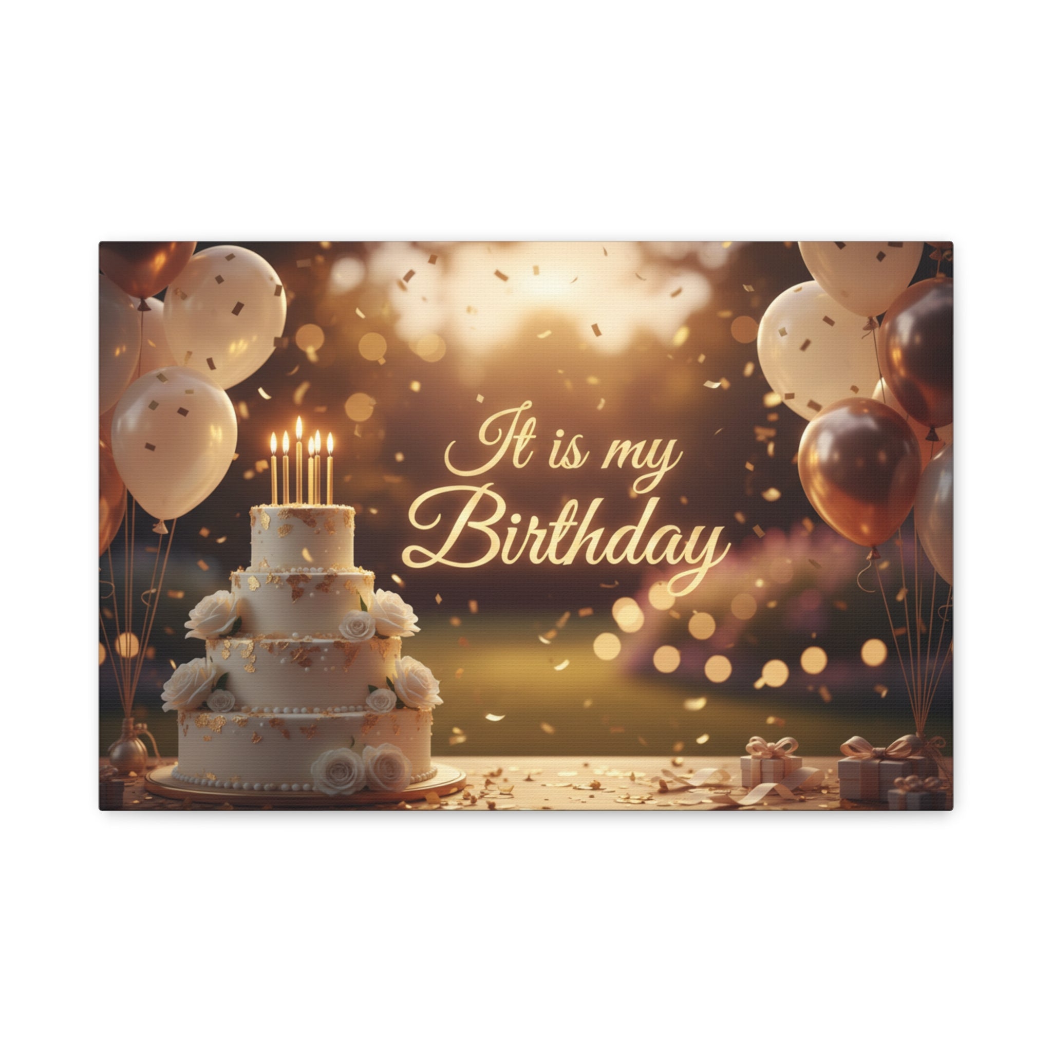 Birthday Canvas Wall Art - "It Is My Birthday" Celebration Cake & Balloons Matte Stretched Canvas