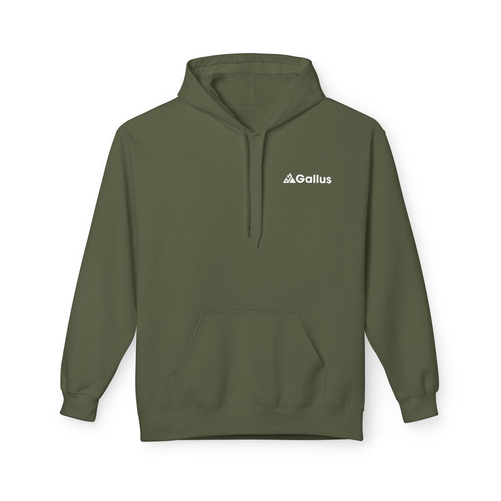 Gallus Mountain Hoodie — Olive Graphic Fleece Pullover with Backscape Print