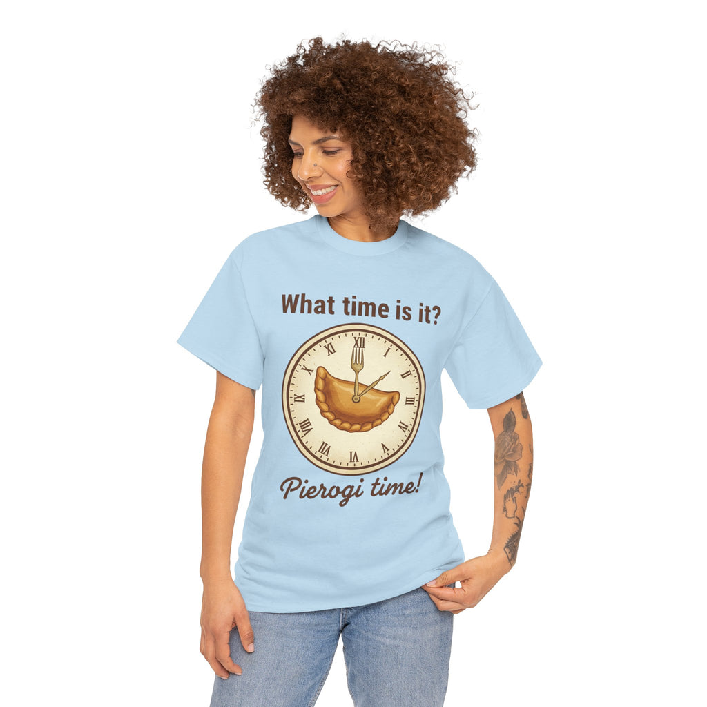 Pierogi Time T‑Shirt — "What time is it? Pierogi time!" Vintage Clock Food Tee