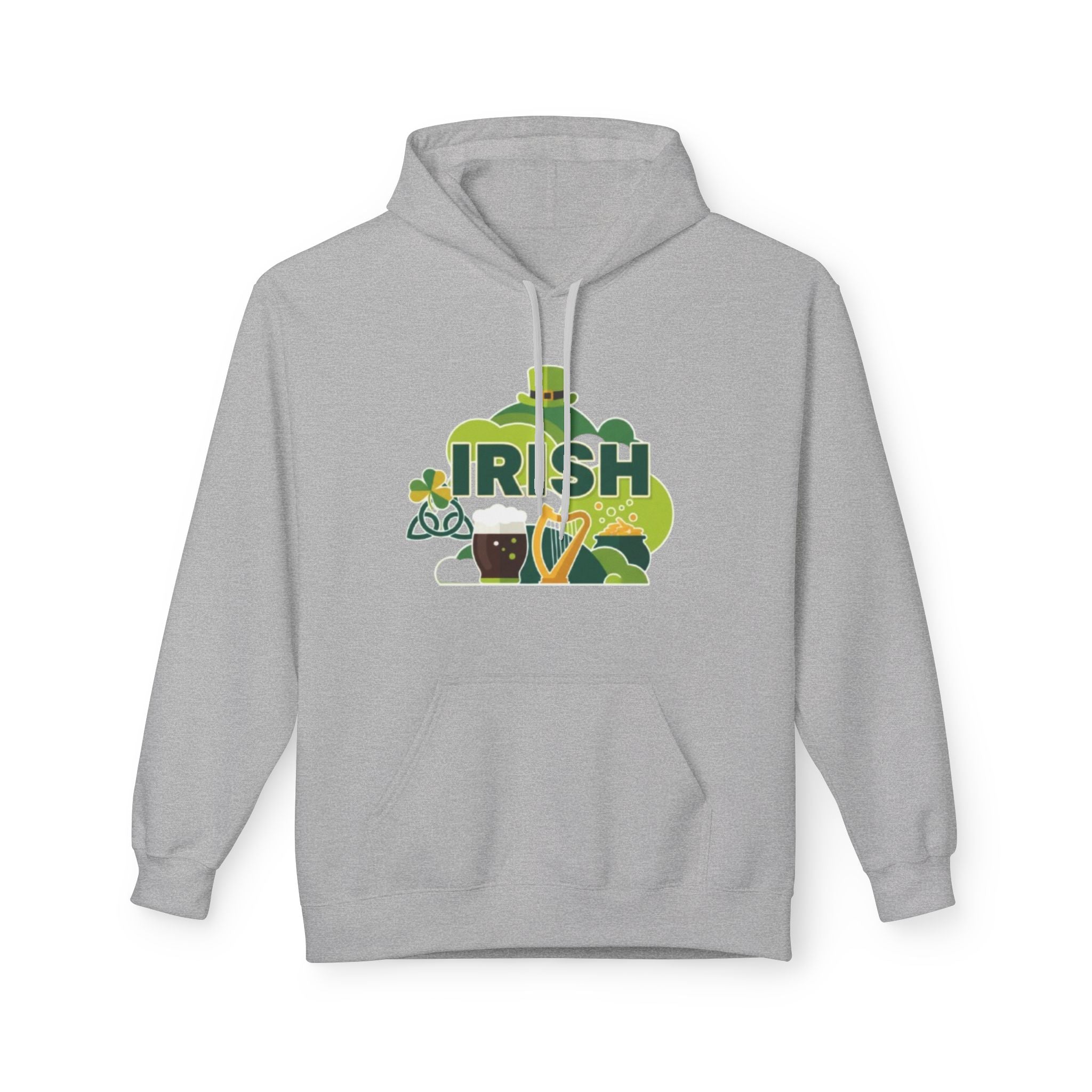 Irish St. Patrick's Day Hoodie — Shamrock, Leprechaun Hat & Pint Design