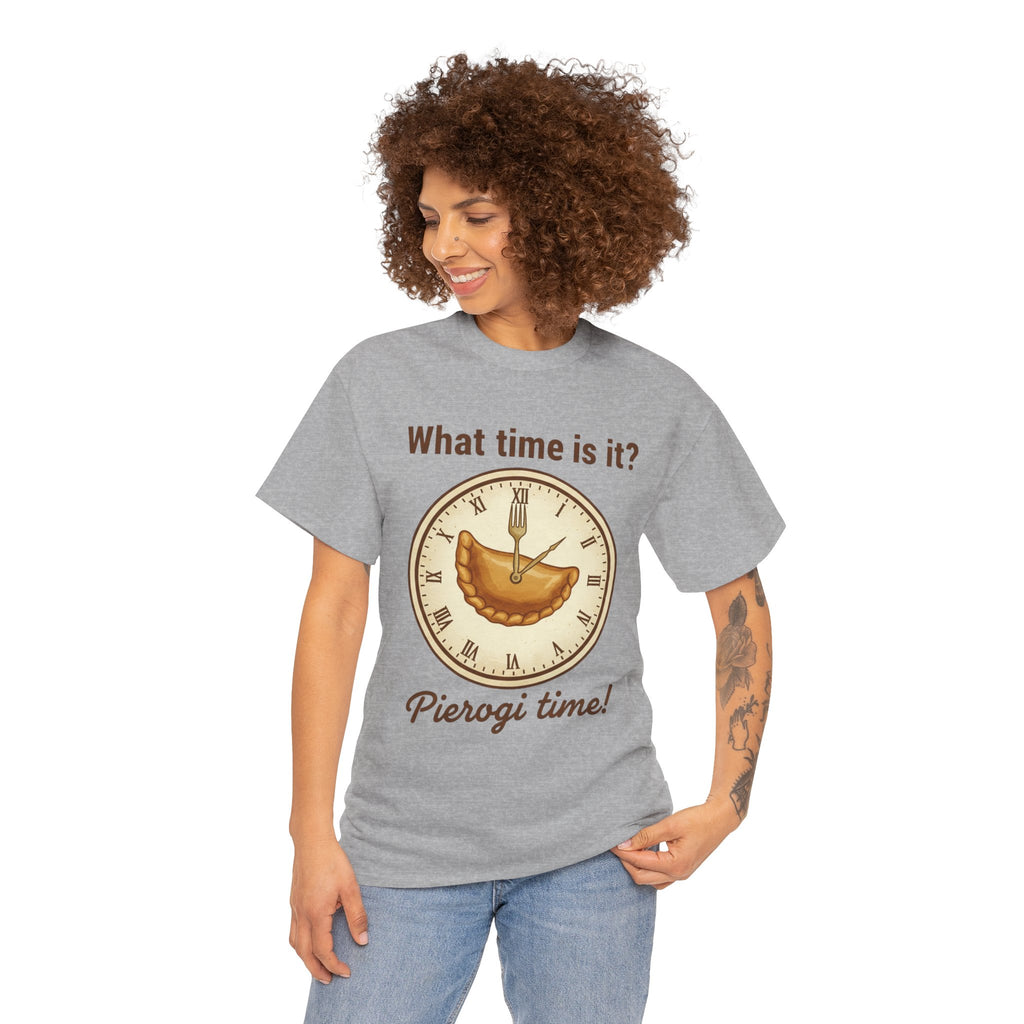 Pierogi Time T‑Shirt — "What time is it? Pierogi time!" Vintage Clock Food Tee