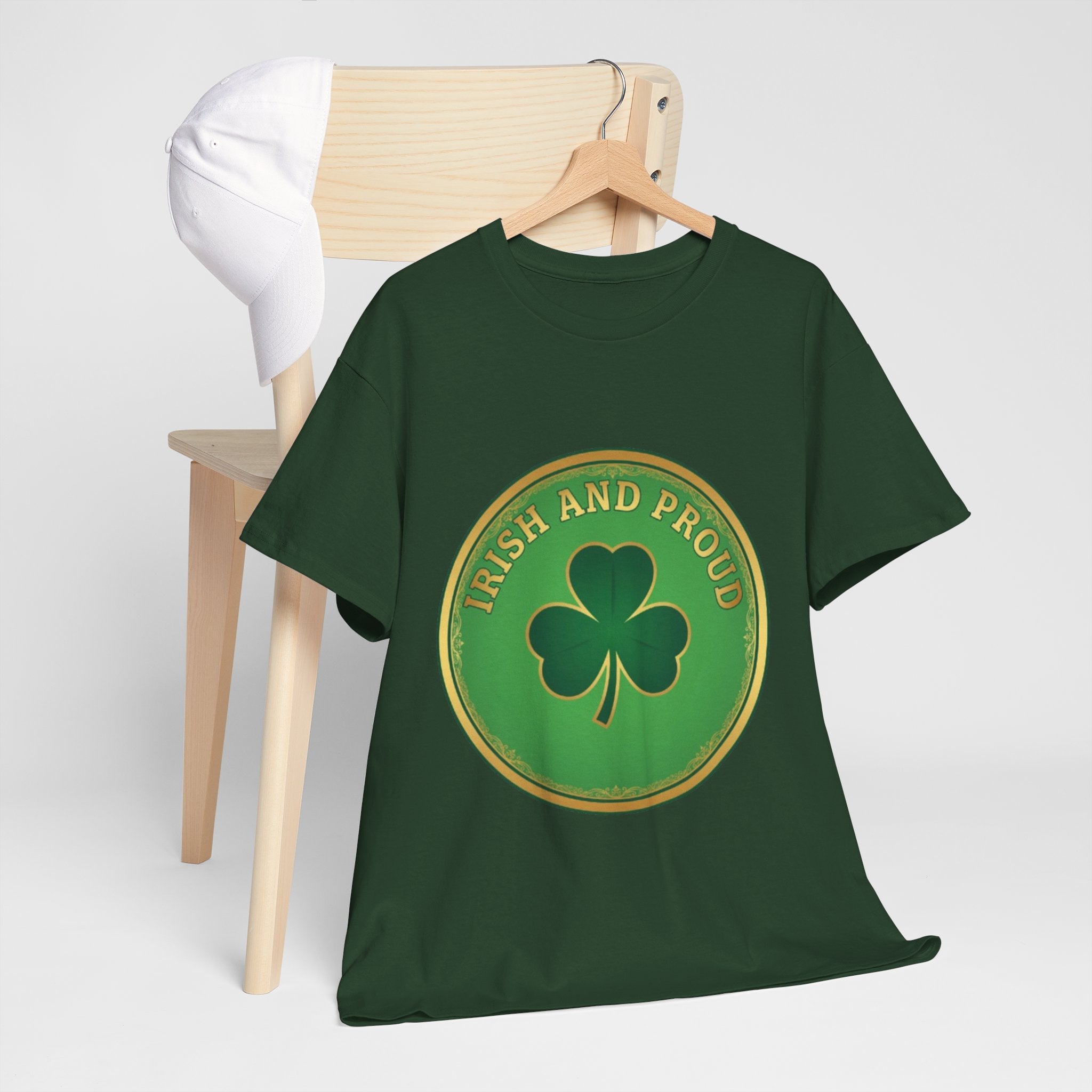 Irish and Proud T-Shirt — Green Shamrock Emblem Tee for St. Patrick's Day
