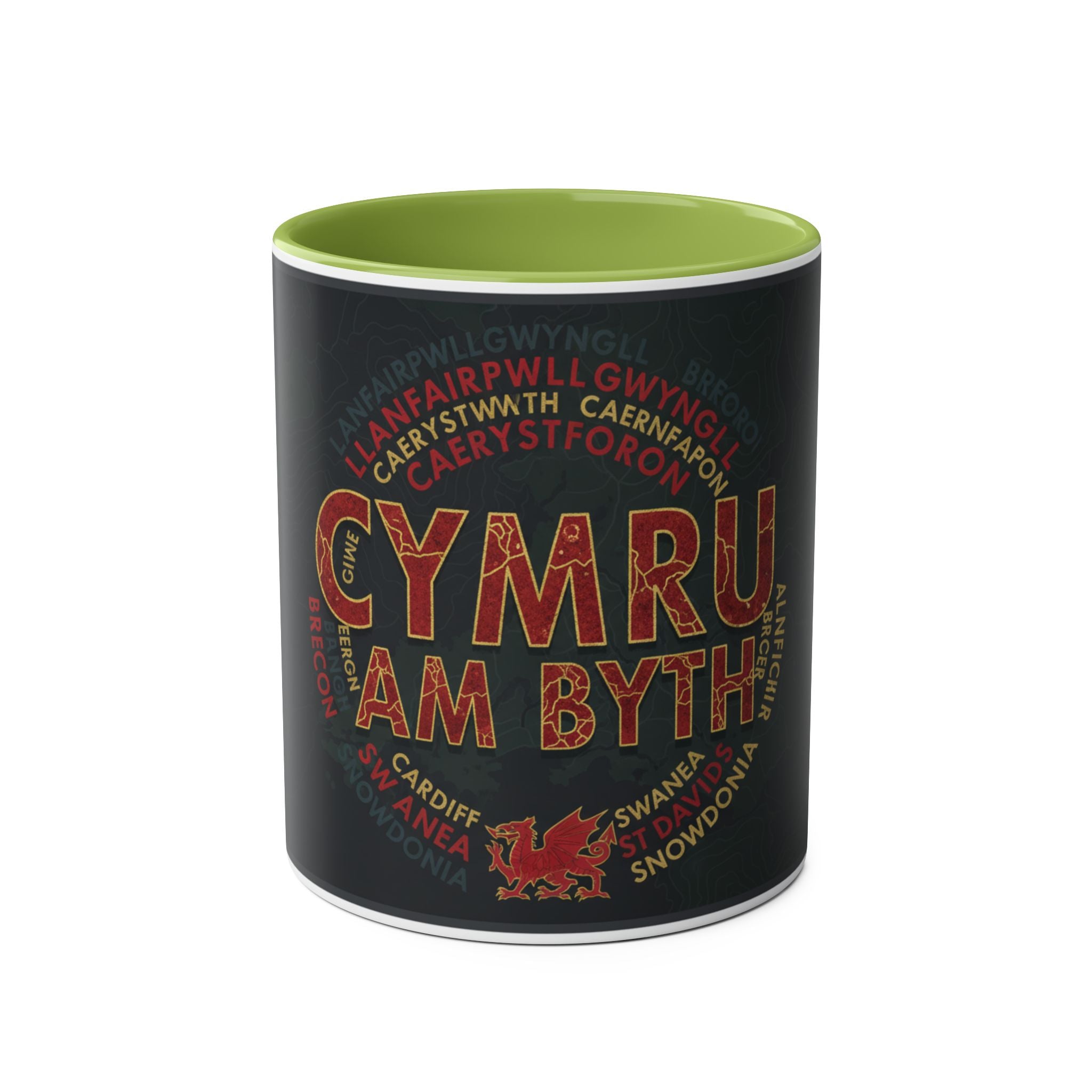 Cymru Am Byth Two-Tone 11oz Coffee Mug — Welsh Pride Map & Place Names