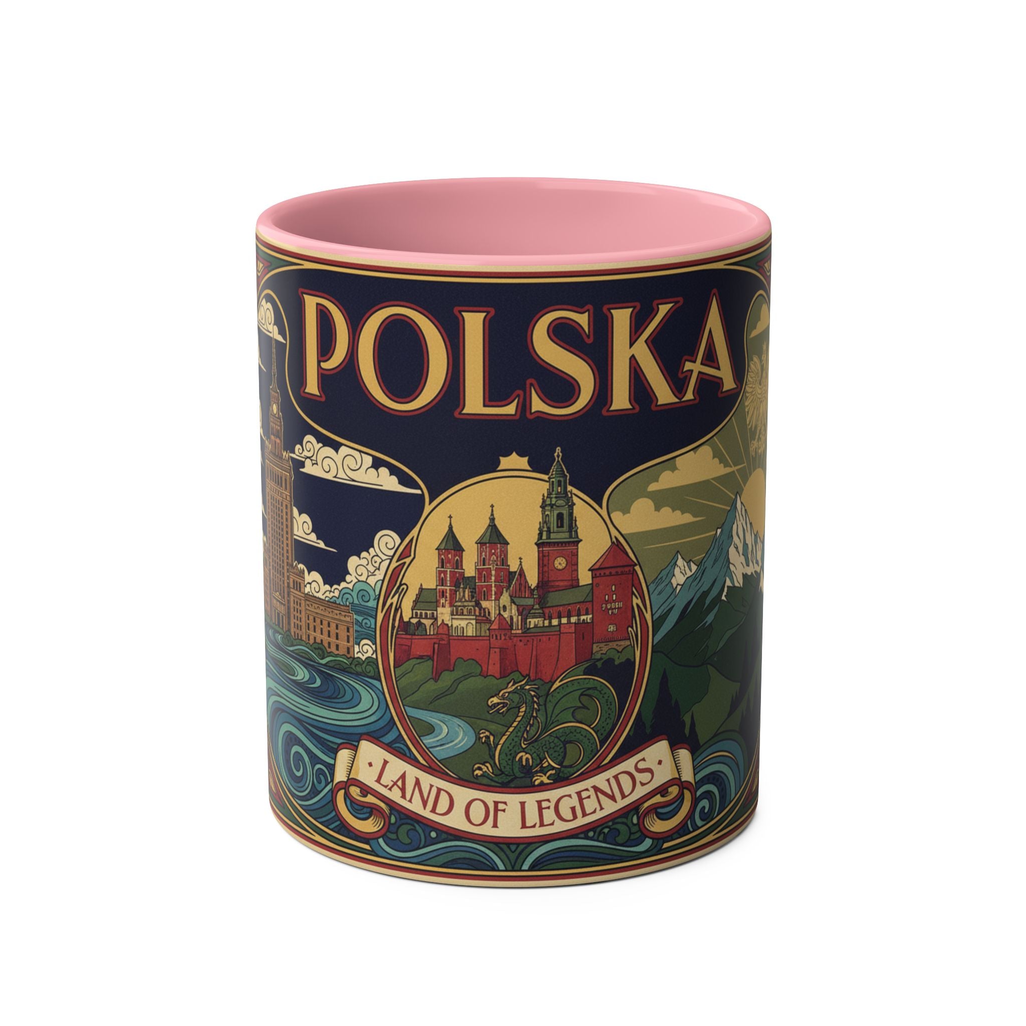 Polska 'Land of Legends' Two-Tone Coffee Mug — 11oz Polish Travel Poster Design