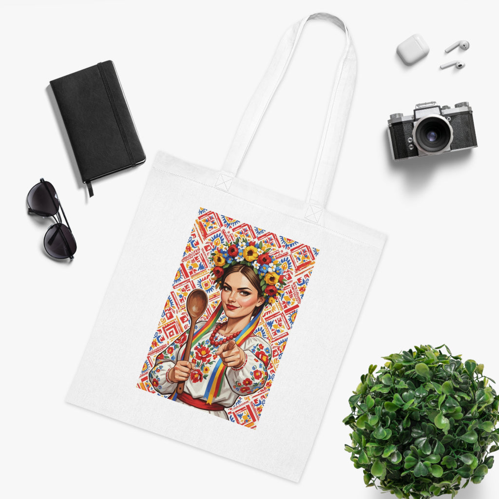 Embroidered Frida Kahlo Folk Art Cotton Tote — Colorful Mexican Kitchen Illustration