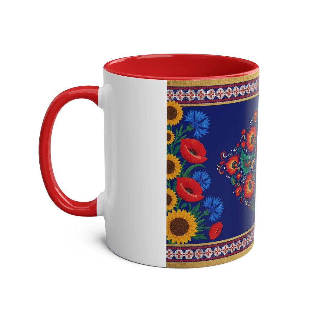 Ukrainian Floral Coffee Mug — Two-Tone 11oz with Tryzub & Folk Motif