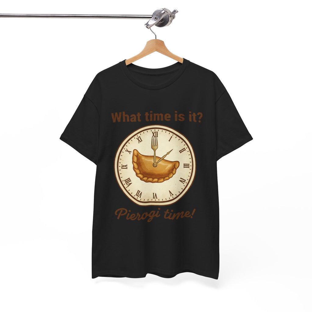 Pierogi Time T‑Shirt — "What time is it? Pierogi time!" Vintage Clock Food Tee