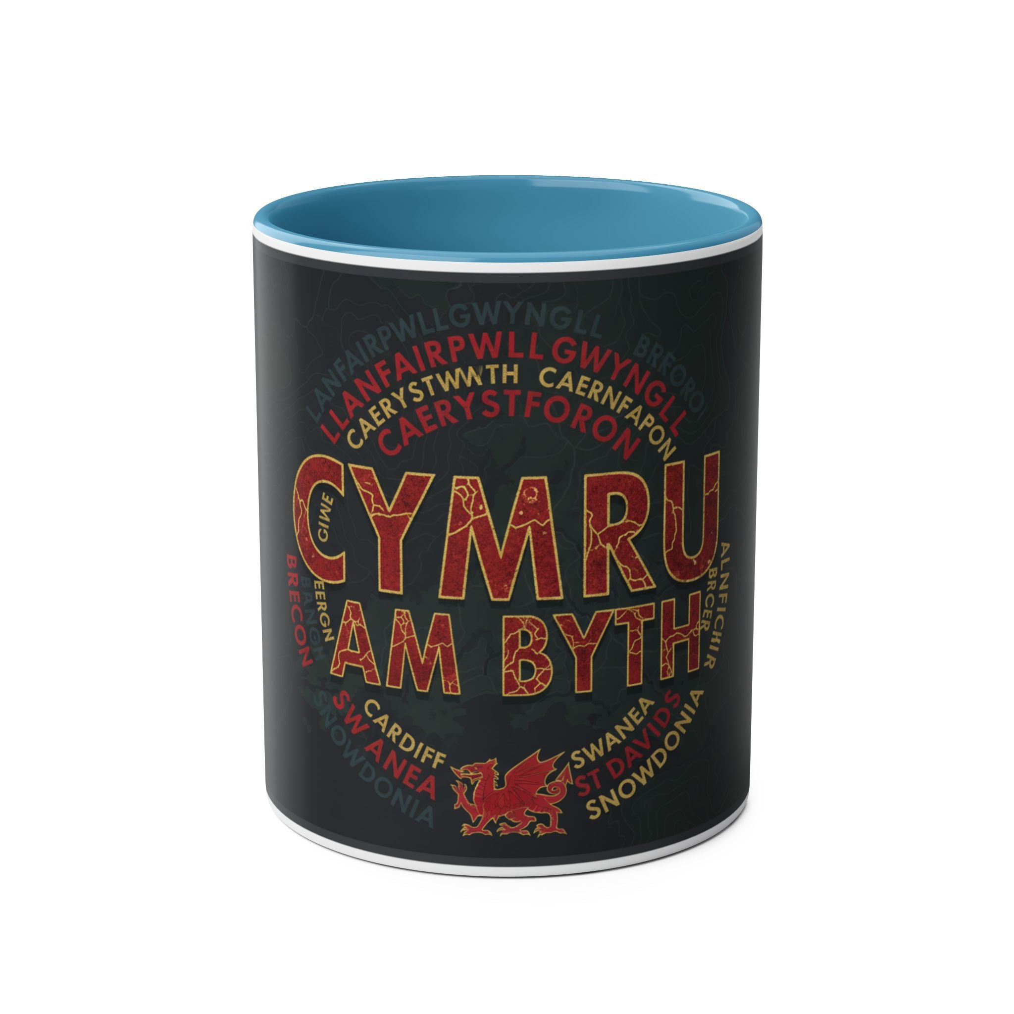 Cymru Am Byth Two-Tone 11oz Coffee Mug — Welsh Pride Map & Place Names