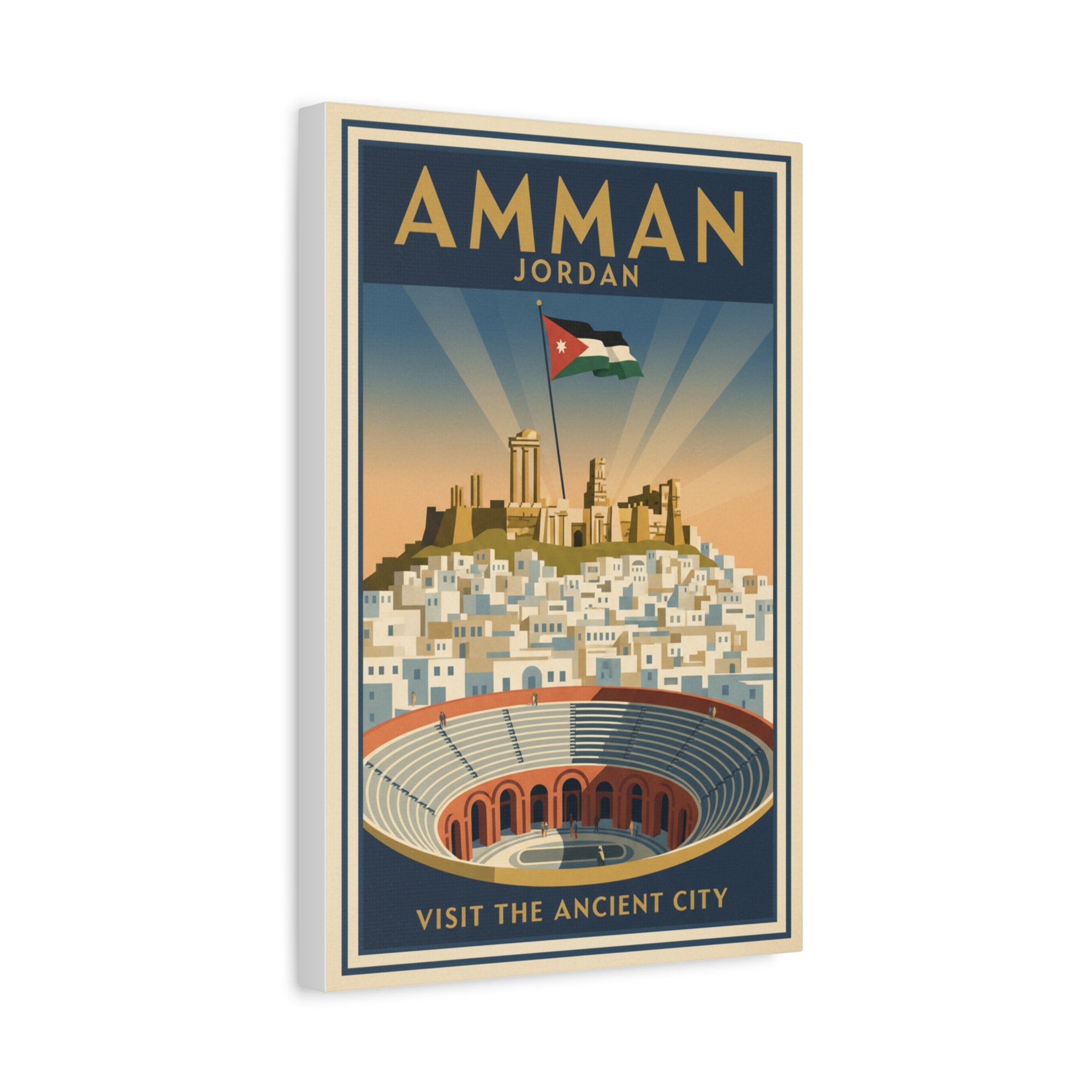 Amman Jordan Vintage Travel Canvas – "Visit the Ancient City" Stretched Wall Art