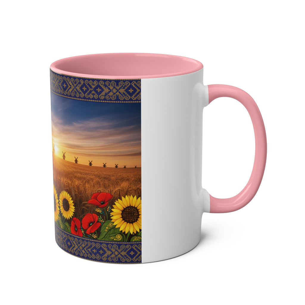 Sunflower Field Ceramic Mug — Two-Tone 11oz Coffee Cup with Sunrise & Windmills Design