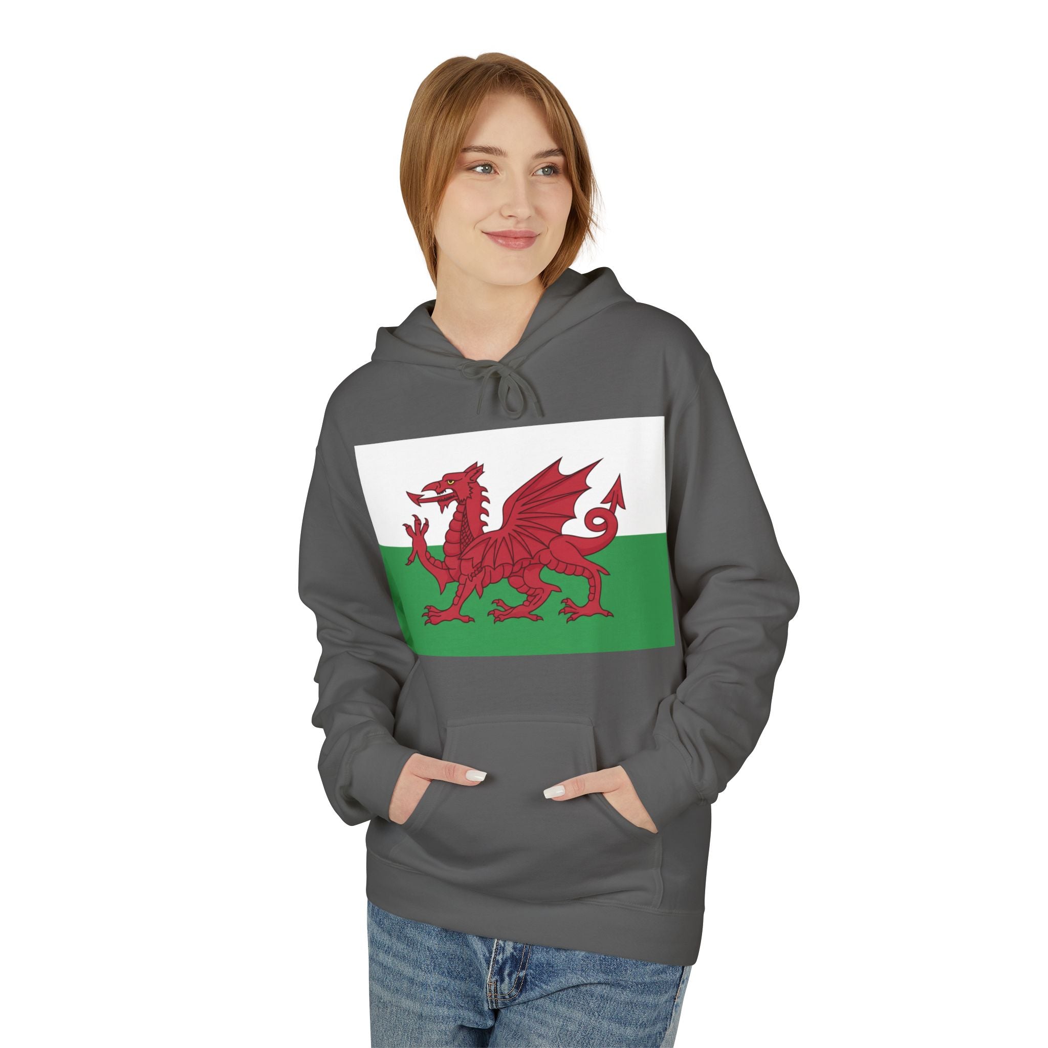 Welsh Dragon Hoodie — Retro Flag Front & Cute Red Dragon Back