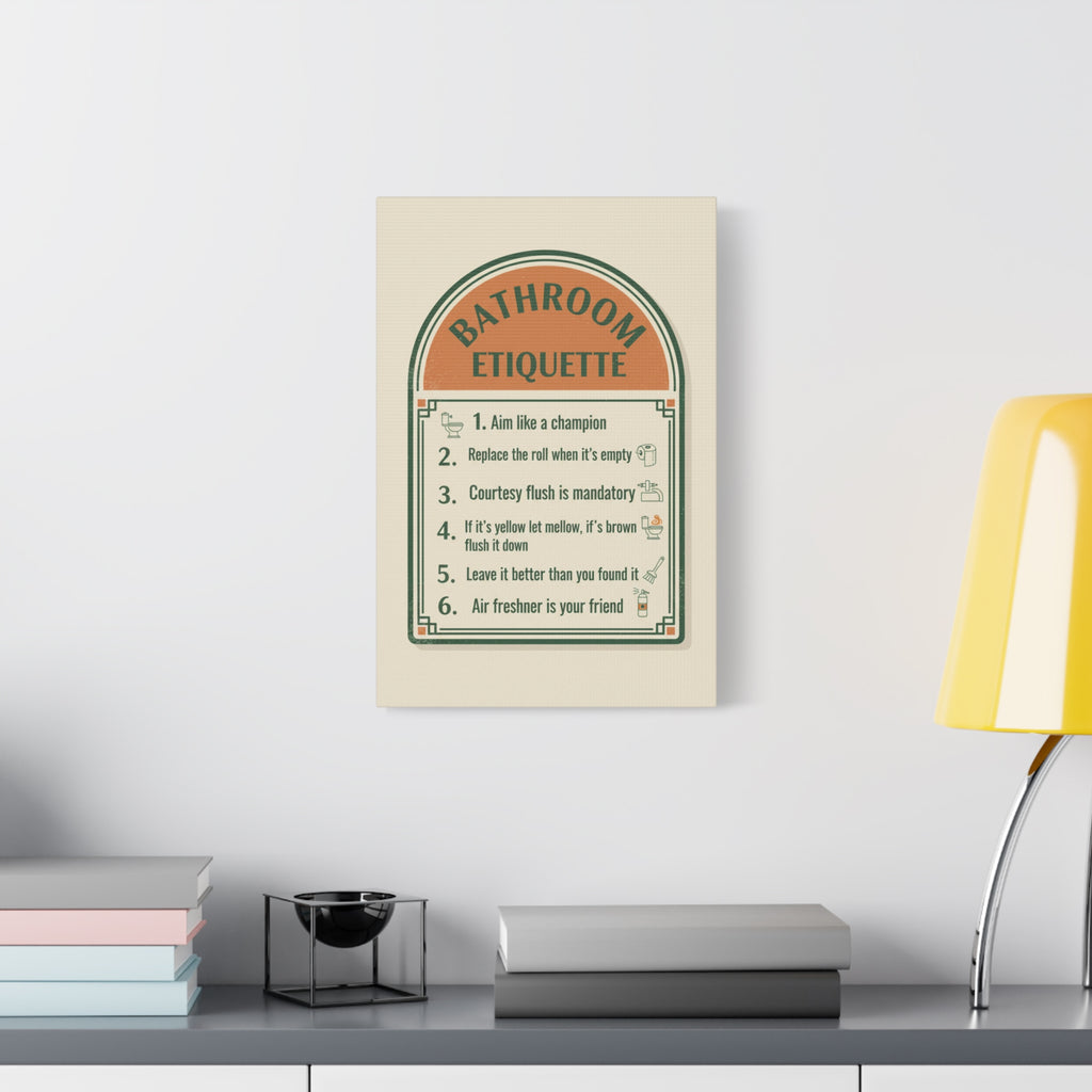 Bathroom Etiquette Canvas Wall Art – Retro Rules Sign for Powder Room