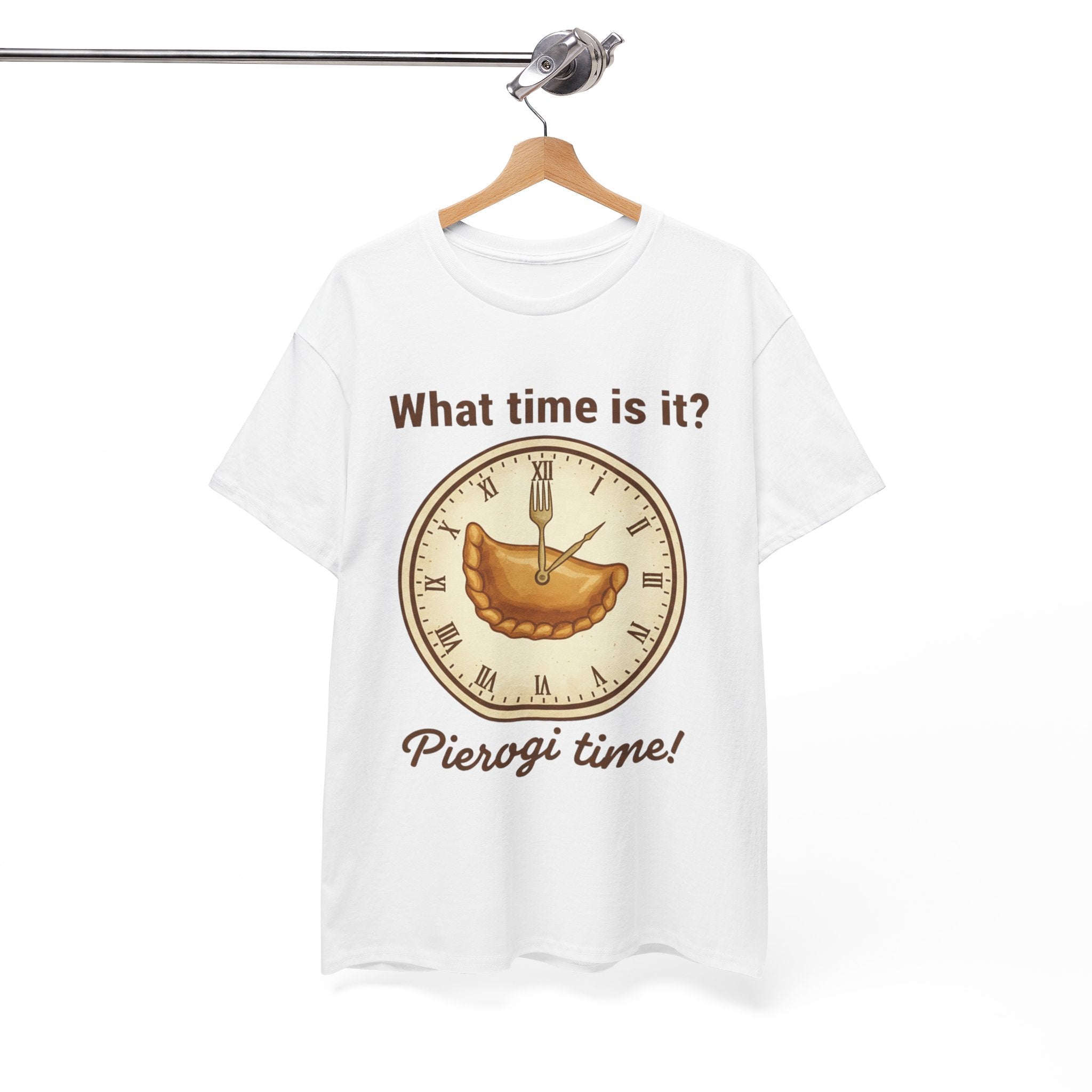 Pierogi Time T‑Shirt — "What time is it? Pierogi time!" Vintage Clock Food Tee
