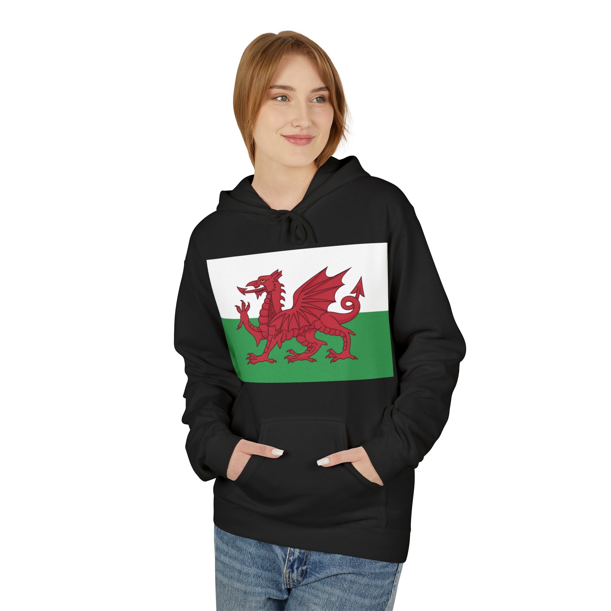 Welsh Dragon Hoodie — Retro Flag Front & Cute Red Dragon Back