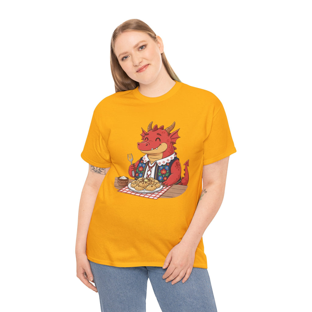 Dragon Eating Pierogi T-Shirt — "Mój nowy smok. Też lubi pierogi." Cute Polish Food Tee