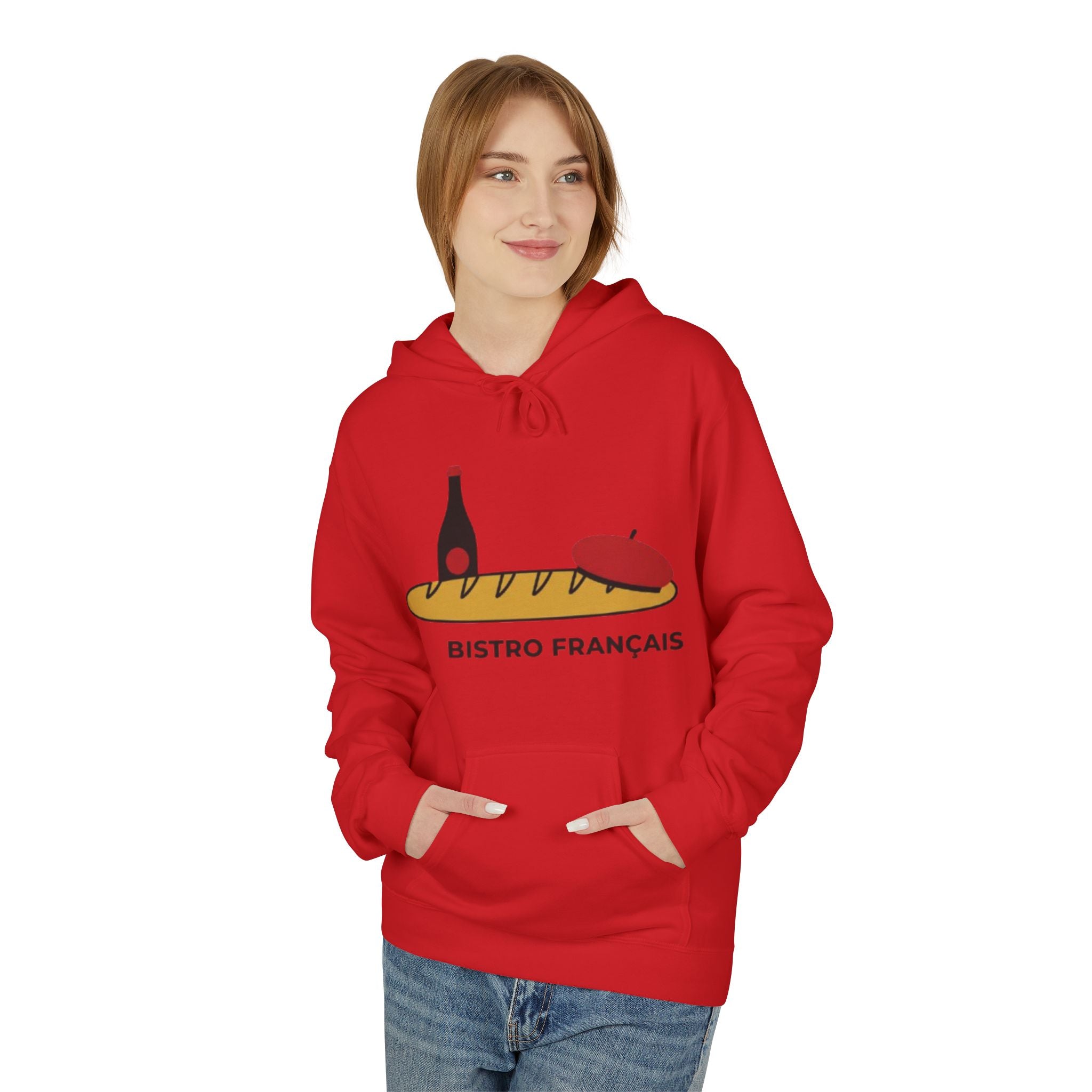 Bistro Français Hoodie — French Bistro Bread, Wine & Beret Graphic