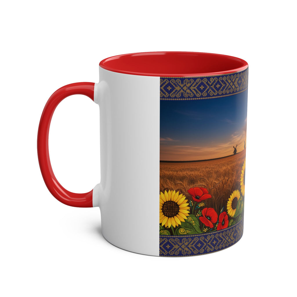 Sunflower Field Ceramic Mug — Two-Tone 11oz Coffee Cup with Sunrise & Windmills Design