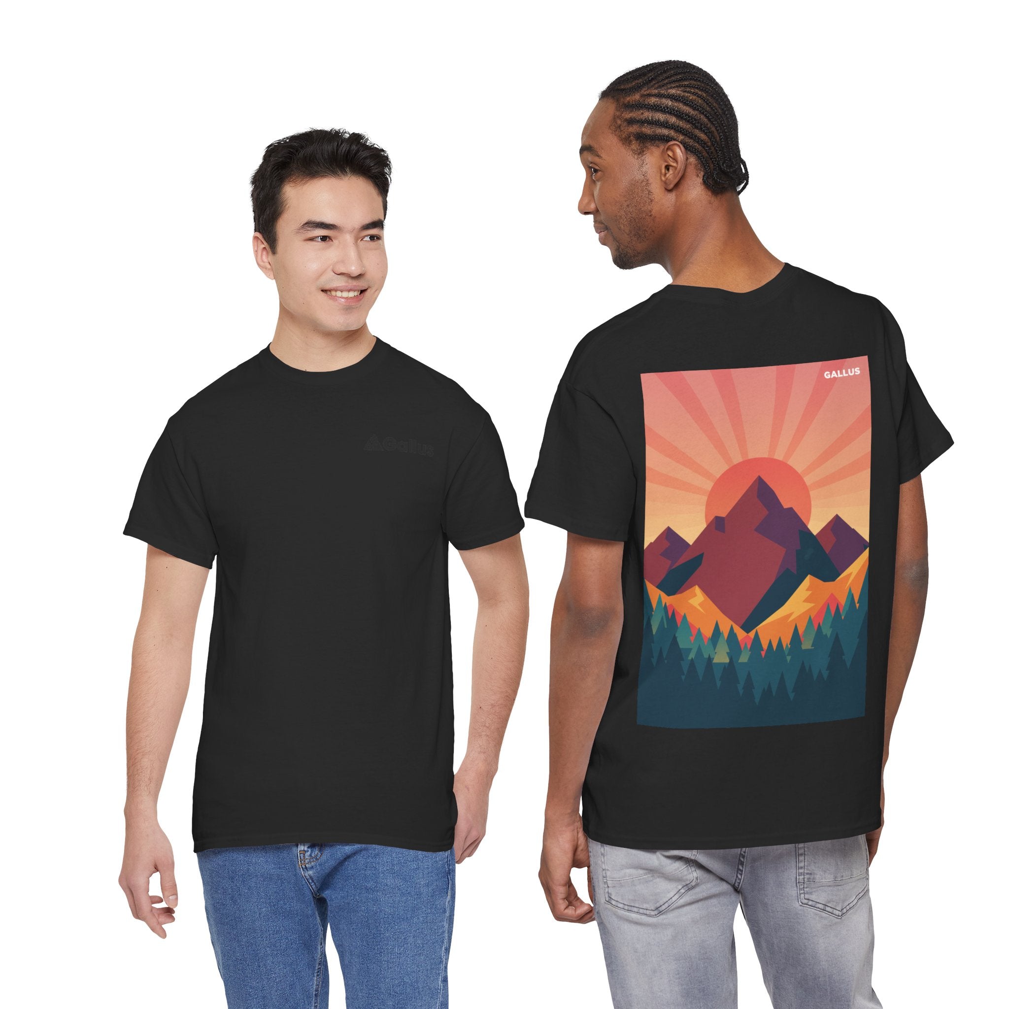 Mountain Sunset Graphic Tee — Vintage Nature Poster Back Print