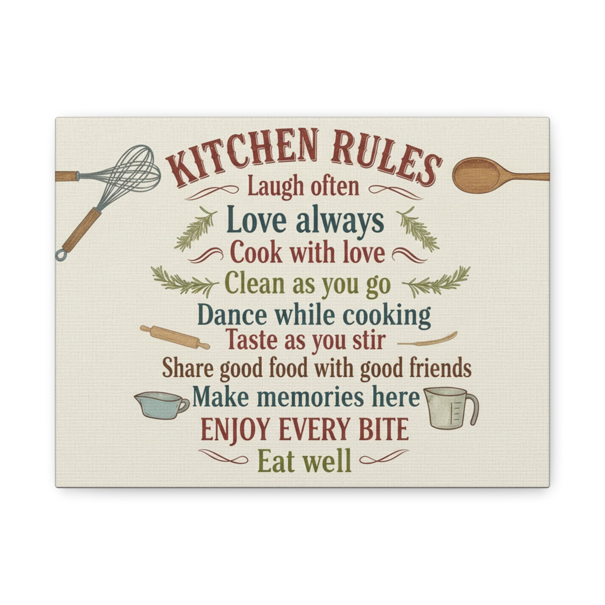 Kitchen Rules Canvas Wall Art — "Cook with Love" Inspirational Kitchen Sign