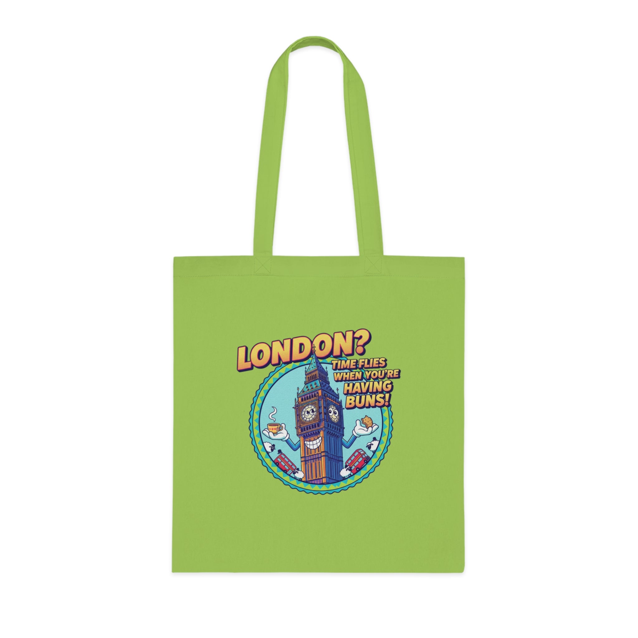 London? Having Buns! Big Ben Cartoon Cotton Tote Bag — Funny UK Travel Gift