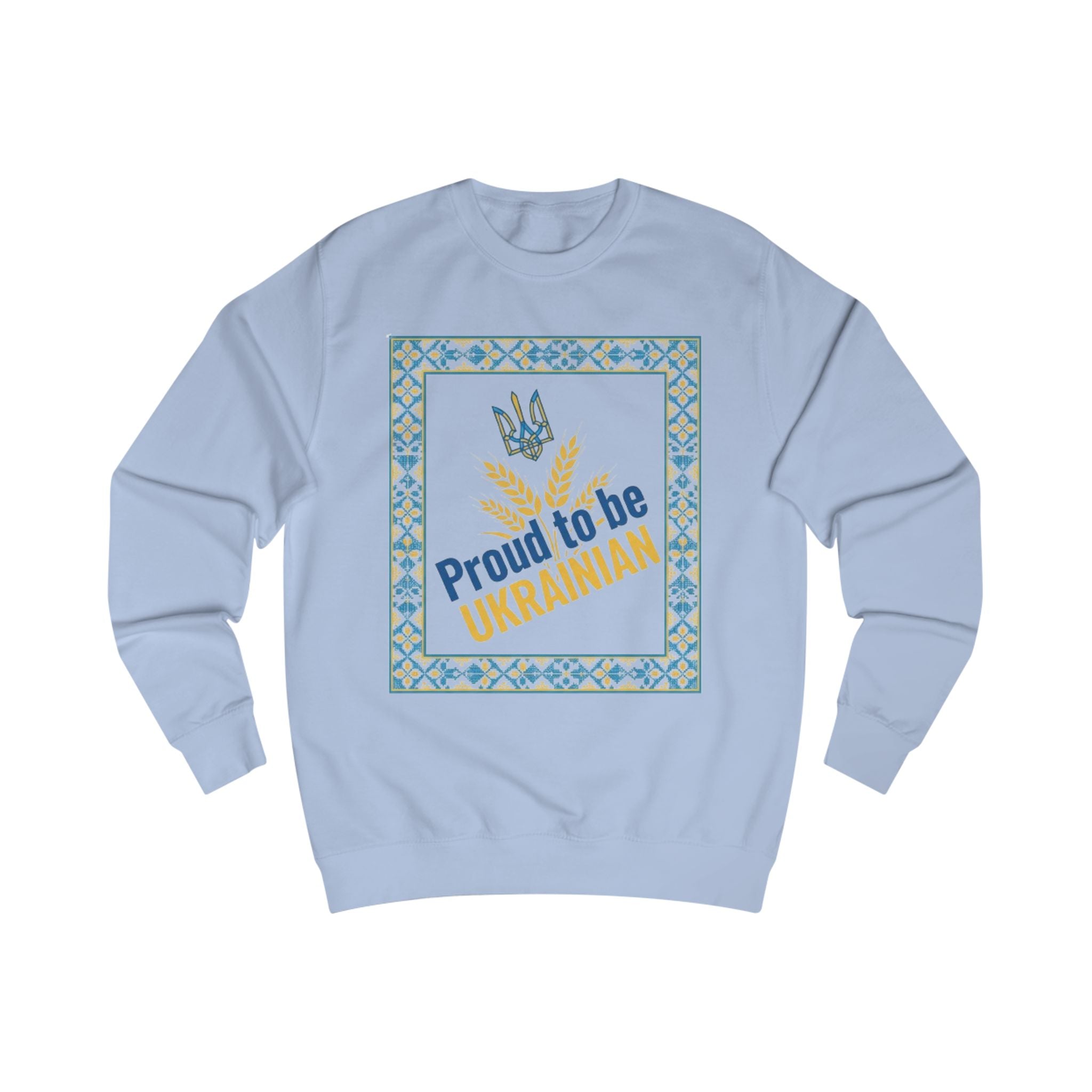 Proud to Be Ukrainian Sweatshirt — Ukrainian Pride Crewneck with Trident & Wheat Design