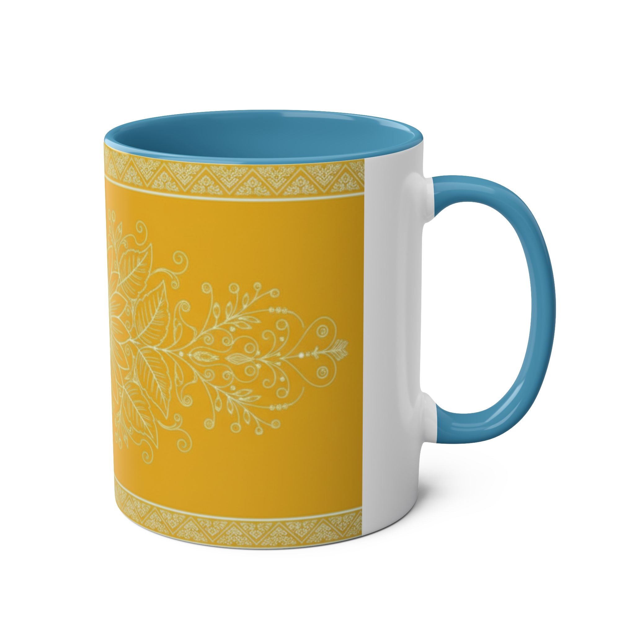 Sunflower Mandala Two-Tone Coffee Mug — Blue & Yellow 11oz