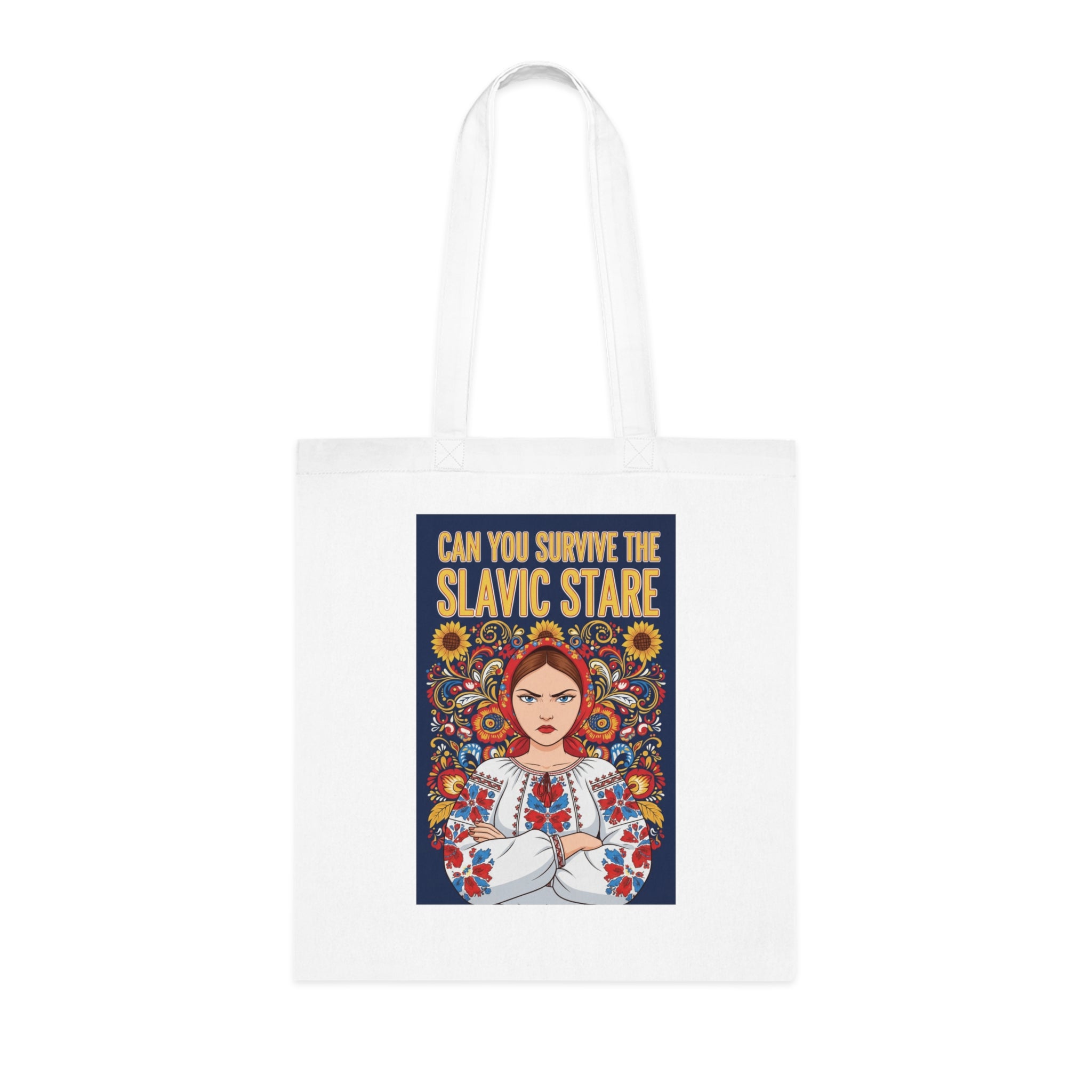 Slavic Stare Cotton Tote — Feminine Folk Art Reusable Bag ("Can You Survive the Slavic Stare")