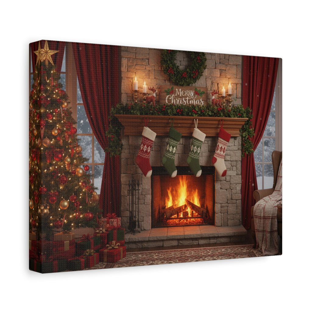 Christmas Fireplace Canvas Wall Art — 'Merry Christmas' Holiday Mantel Scene
