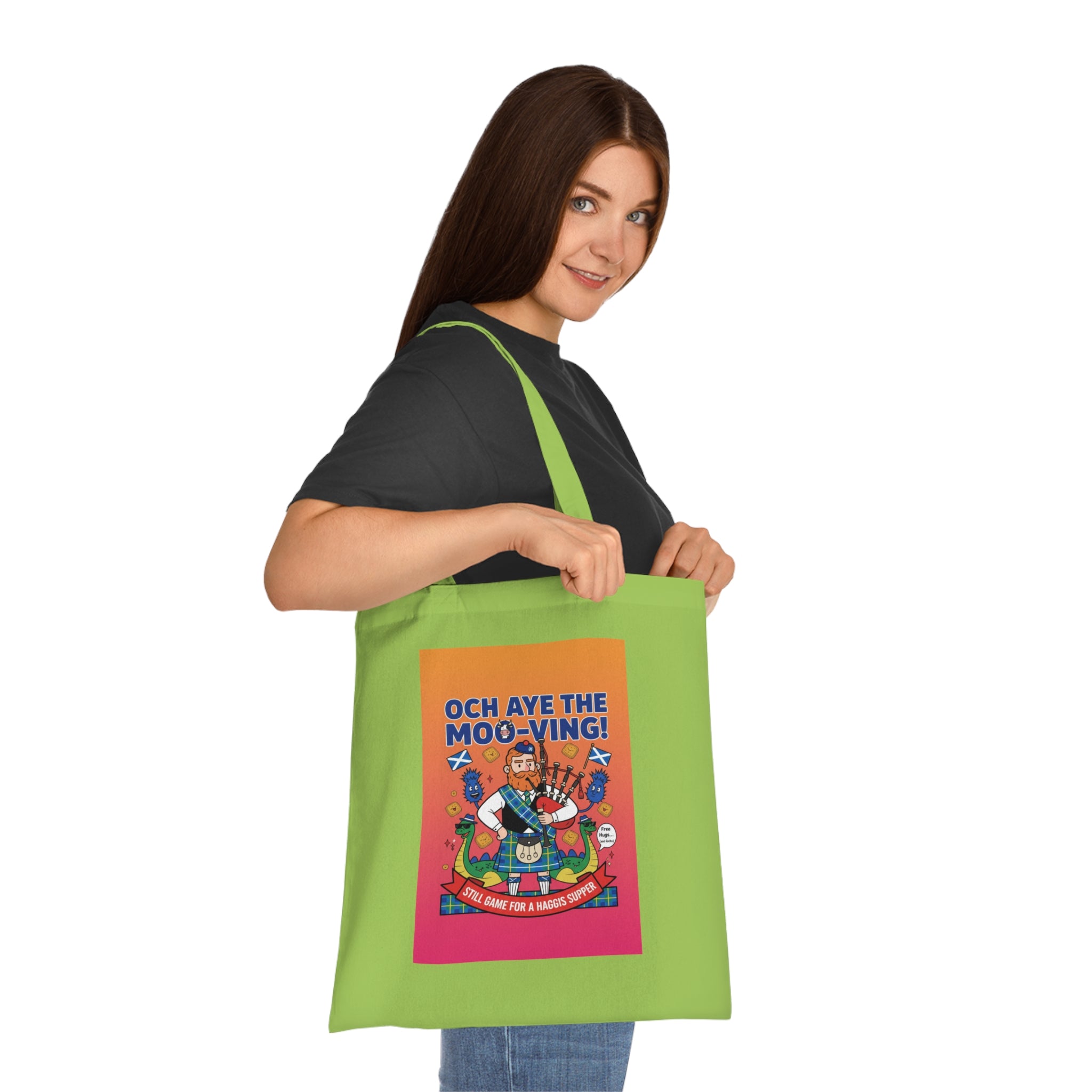 Scottish Cow Cartoon Cotton Tote — "Och Aye the Moo-ving!" Funny Celtic Grocery Bag