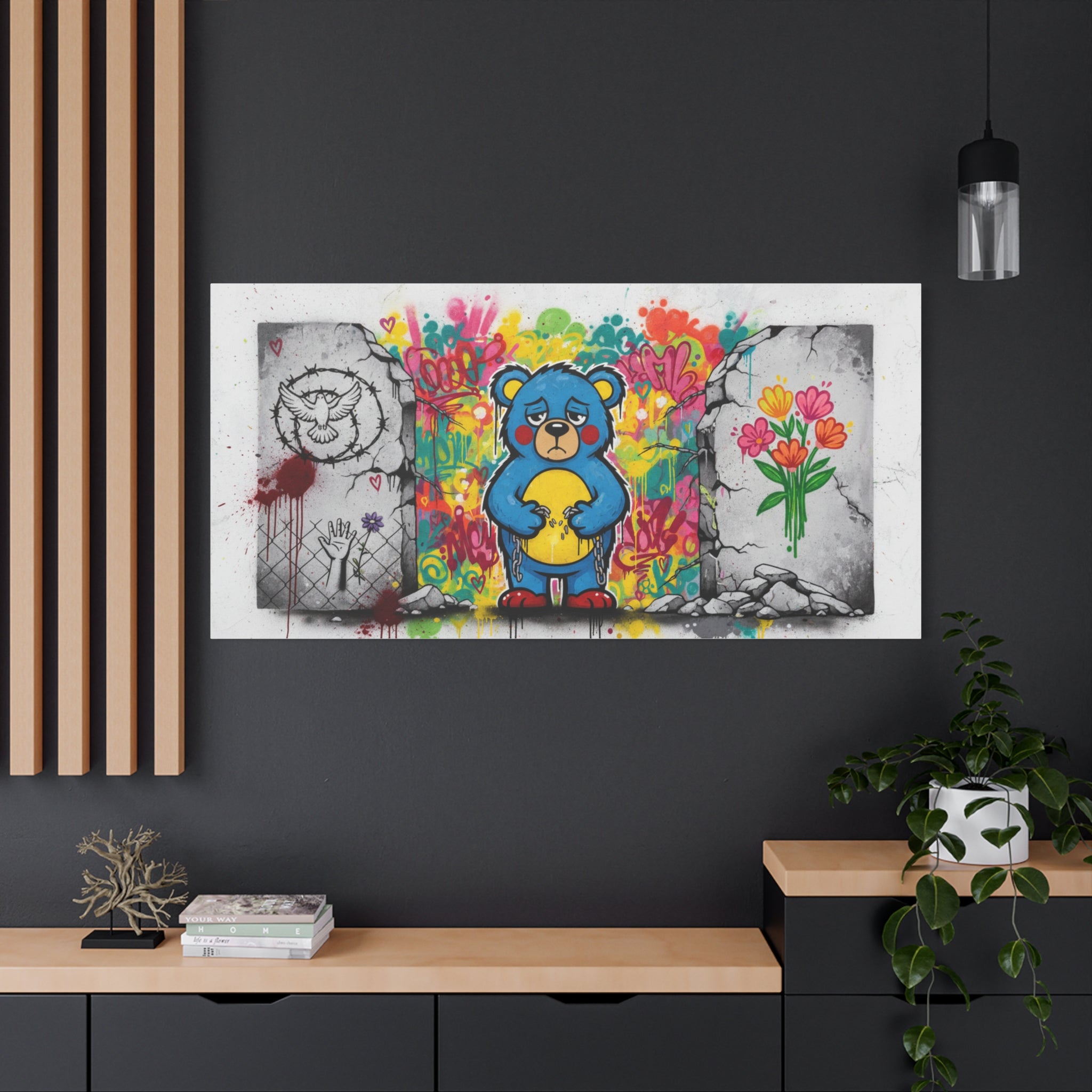 Graffiti Blue Bear Matte Canvas Print — Urban Street Art Wall Decor