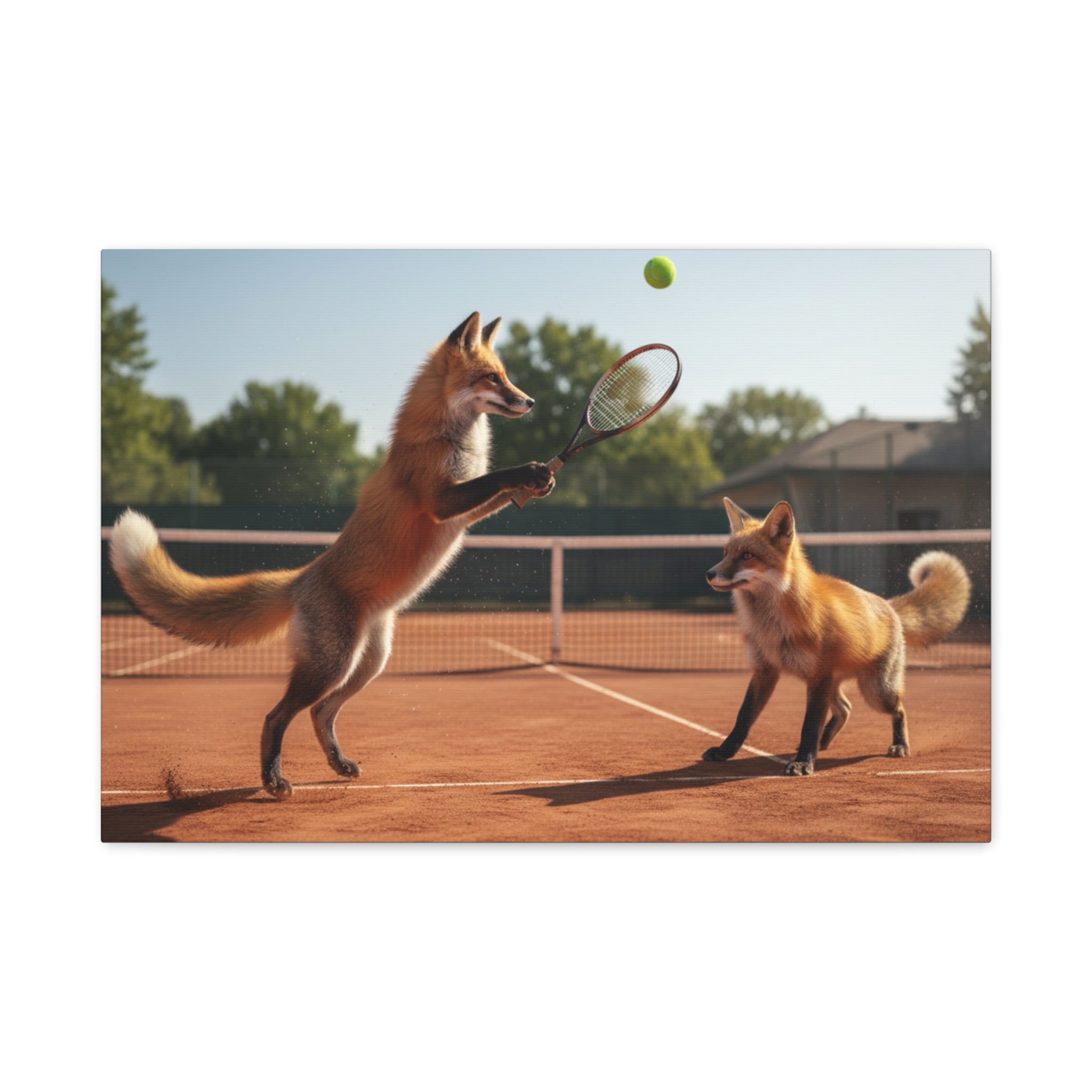 Foxes Playing Tennis Matte Canvas Wall Art — Whimsical Animal Sports Print