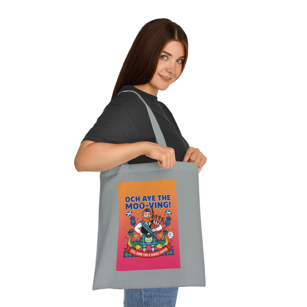 Scottish Cow Cartoon Cotton Tote — "Och Aye the Moo-ving!" Funny Celtic Grocery Bag