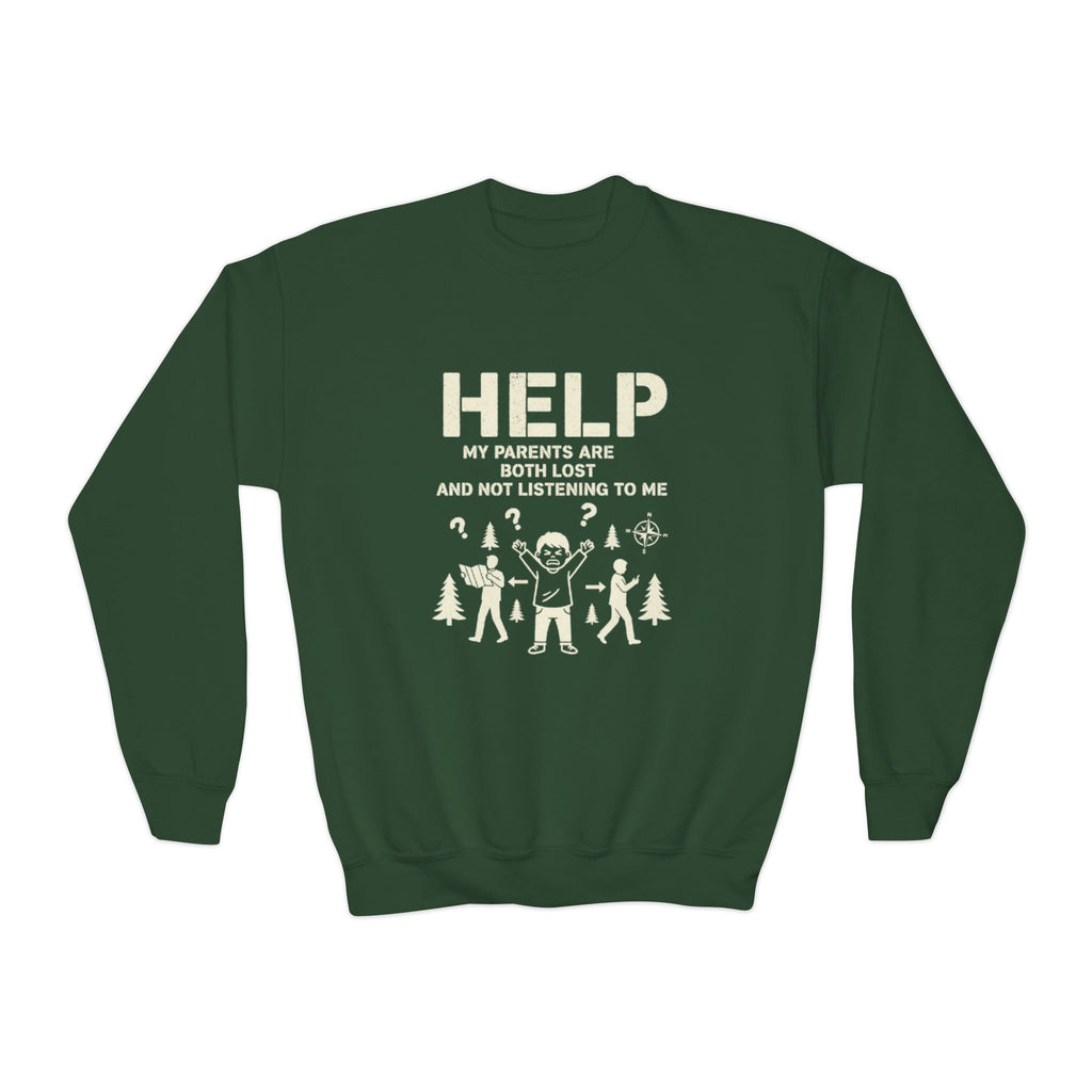 Youth Crewneck Sweatshirt — 'HELP My Parents Are Both Lost and Not Listening to Me' Funny Holiday Graphic