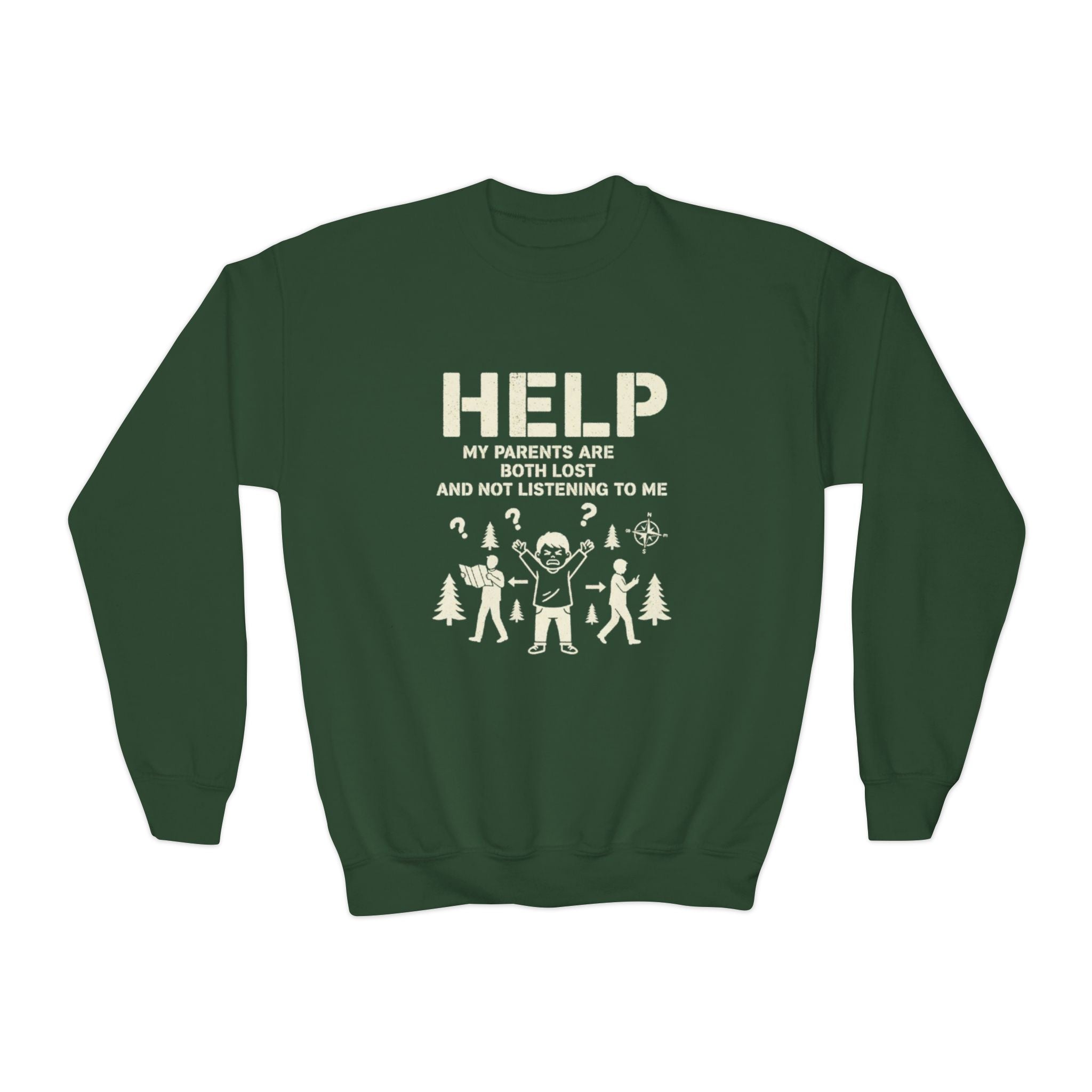 Youth Crewneck Sweatshirt — 'HELP My Parents Are Both Lost and Not Listening to Me' Funny Holiday Graphic