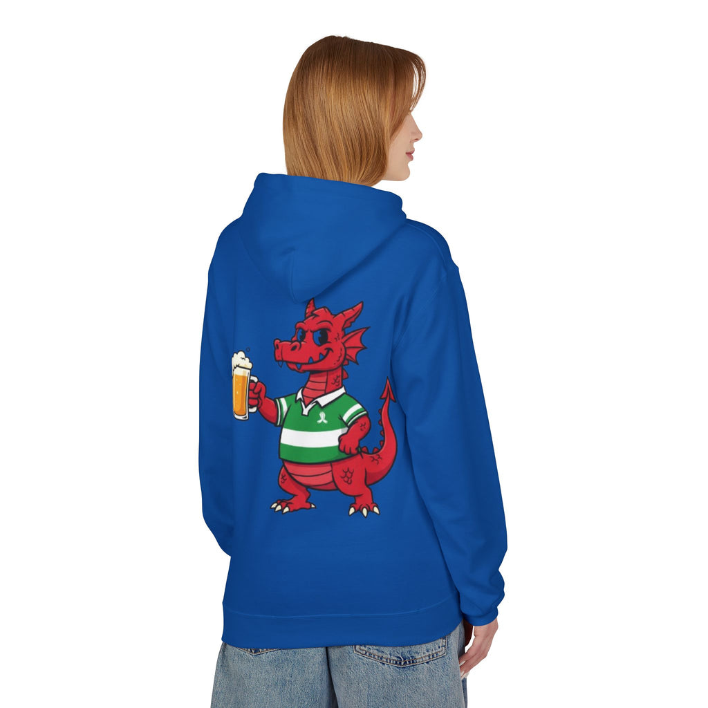 Welsh Dragon Drinking Beer Hoodie — Rugby Pub Fan Pullover