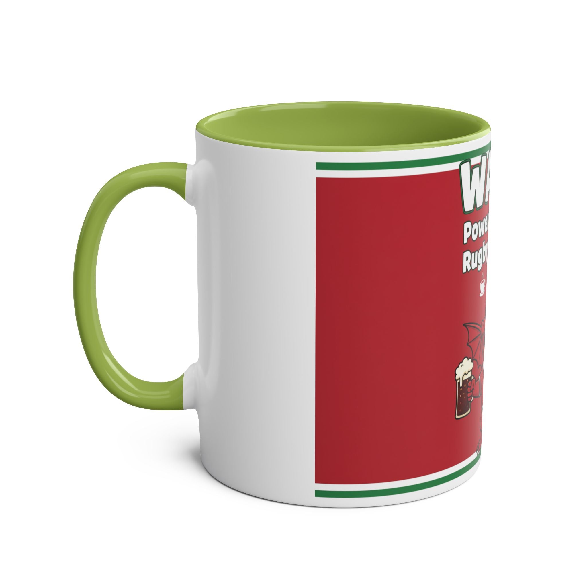 Wales Coffee Mug – "Wales: Powered by Tea, Rugby & Dragons" 11oz Two-Tone Mug