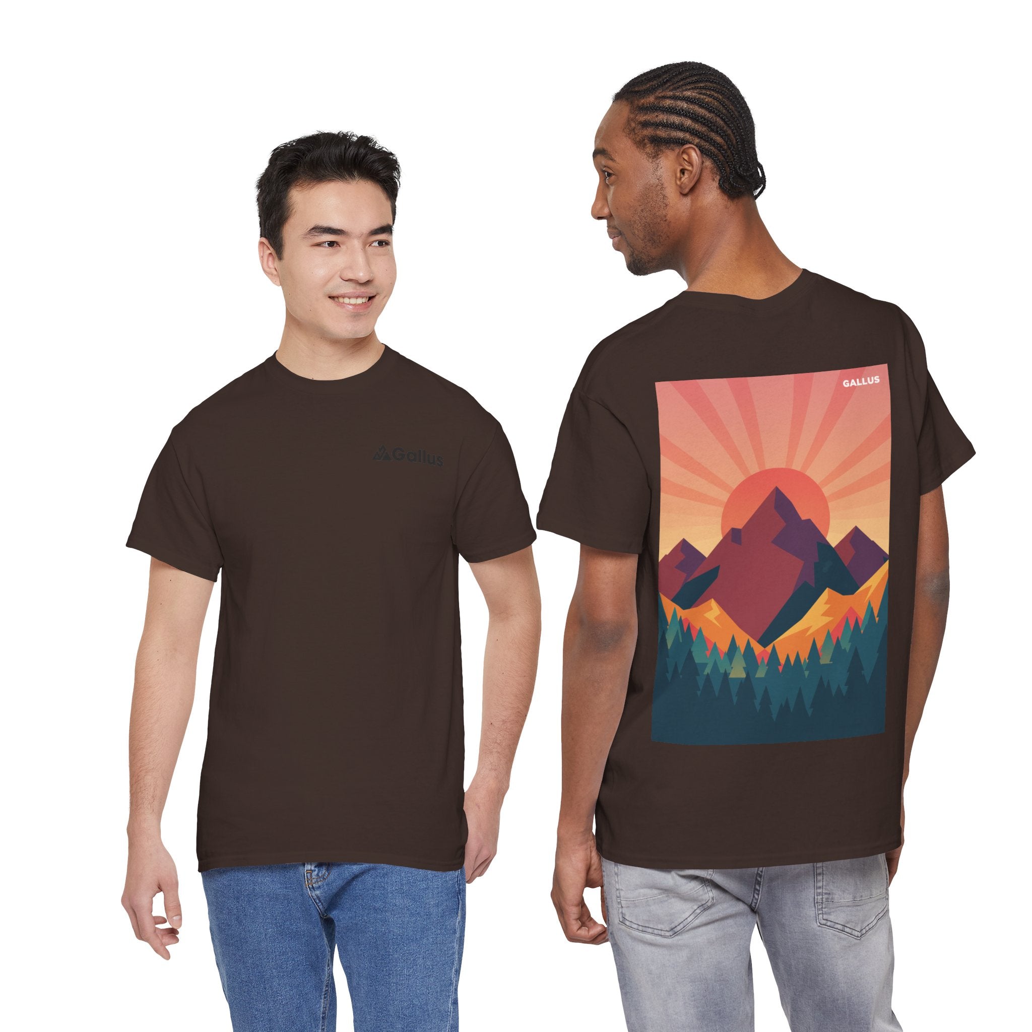 Mountain Sunset Graphic Tee — Vintage Nature Poster Back Print