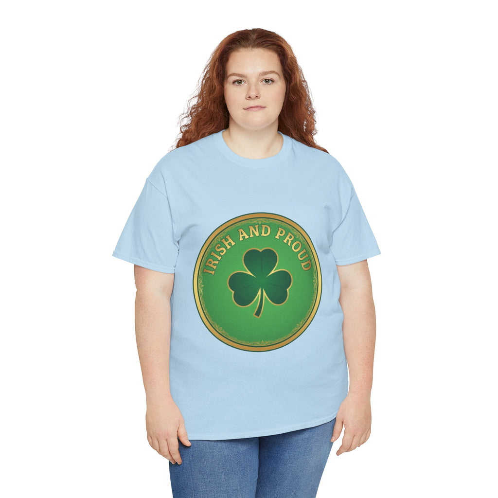Irish and Proud T-Shirt — Green Shamrock Emblem Tee for St. Patrick's Day