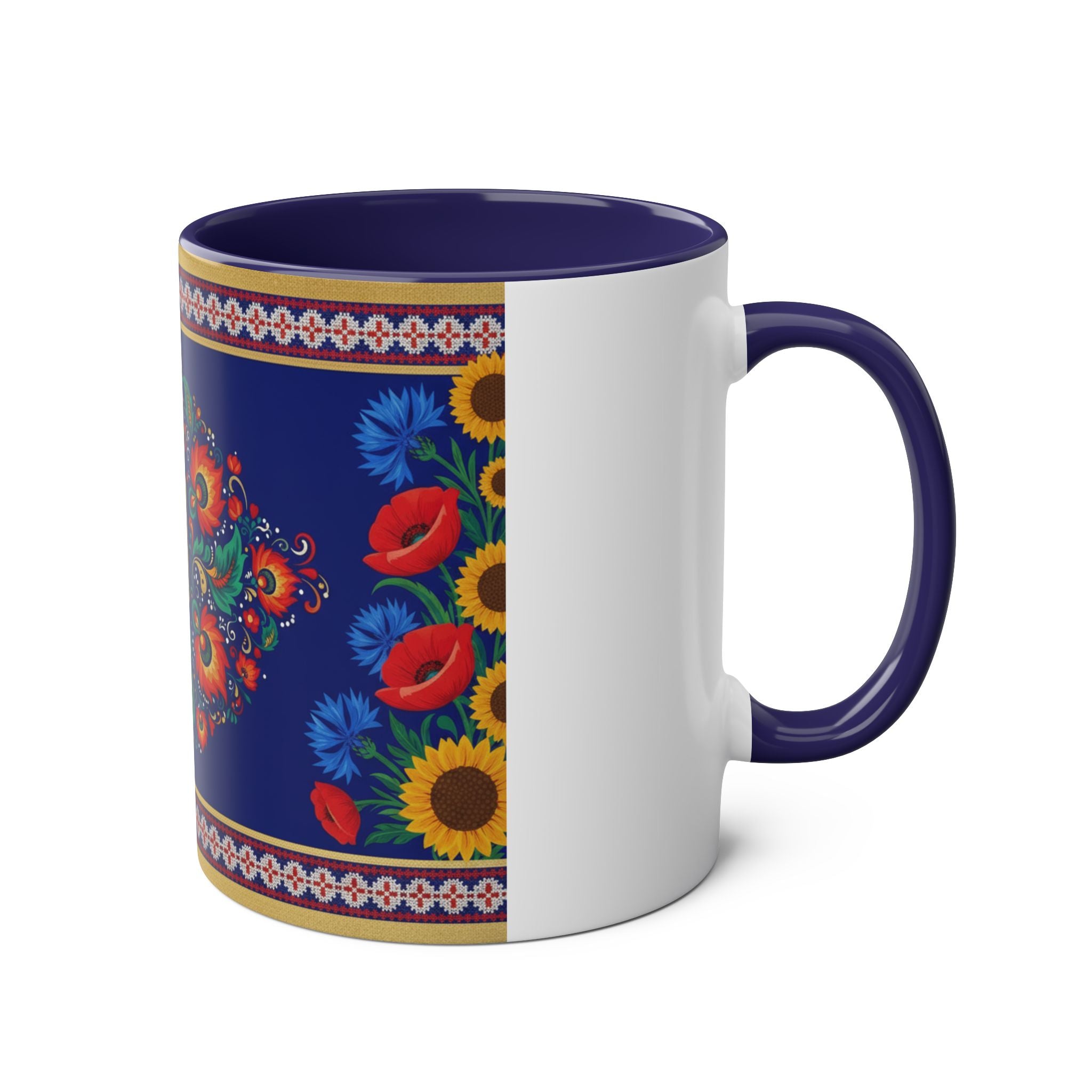 Ukrainian Floral Coffee Mug — Two-Tone 11oz with Tryzub & Folk Motif