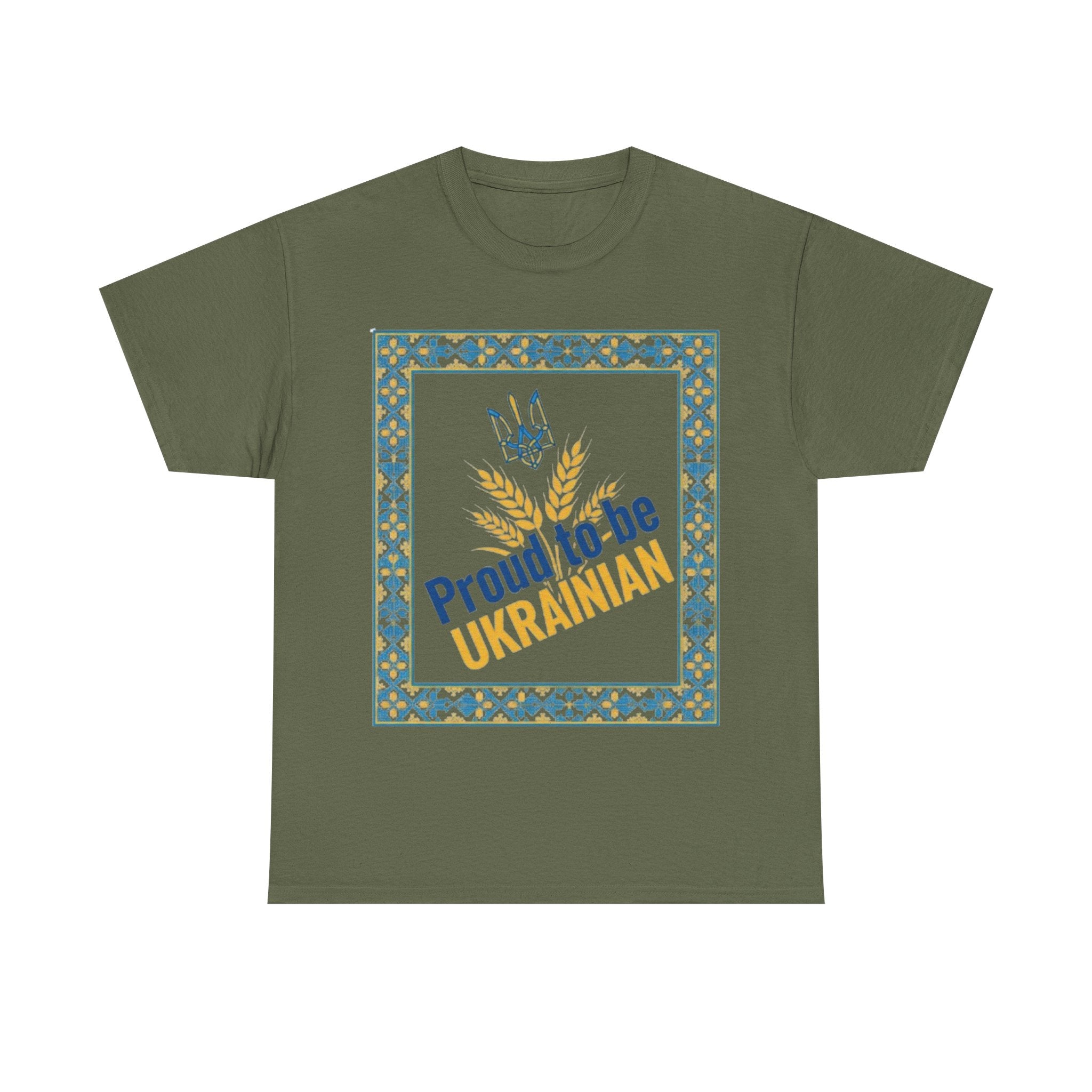 Proud to Be Ukrainian T-Shirt — Ukrainian Pride Tee with Tryzub & Wheat Design
