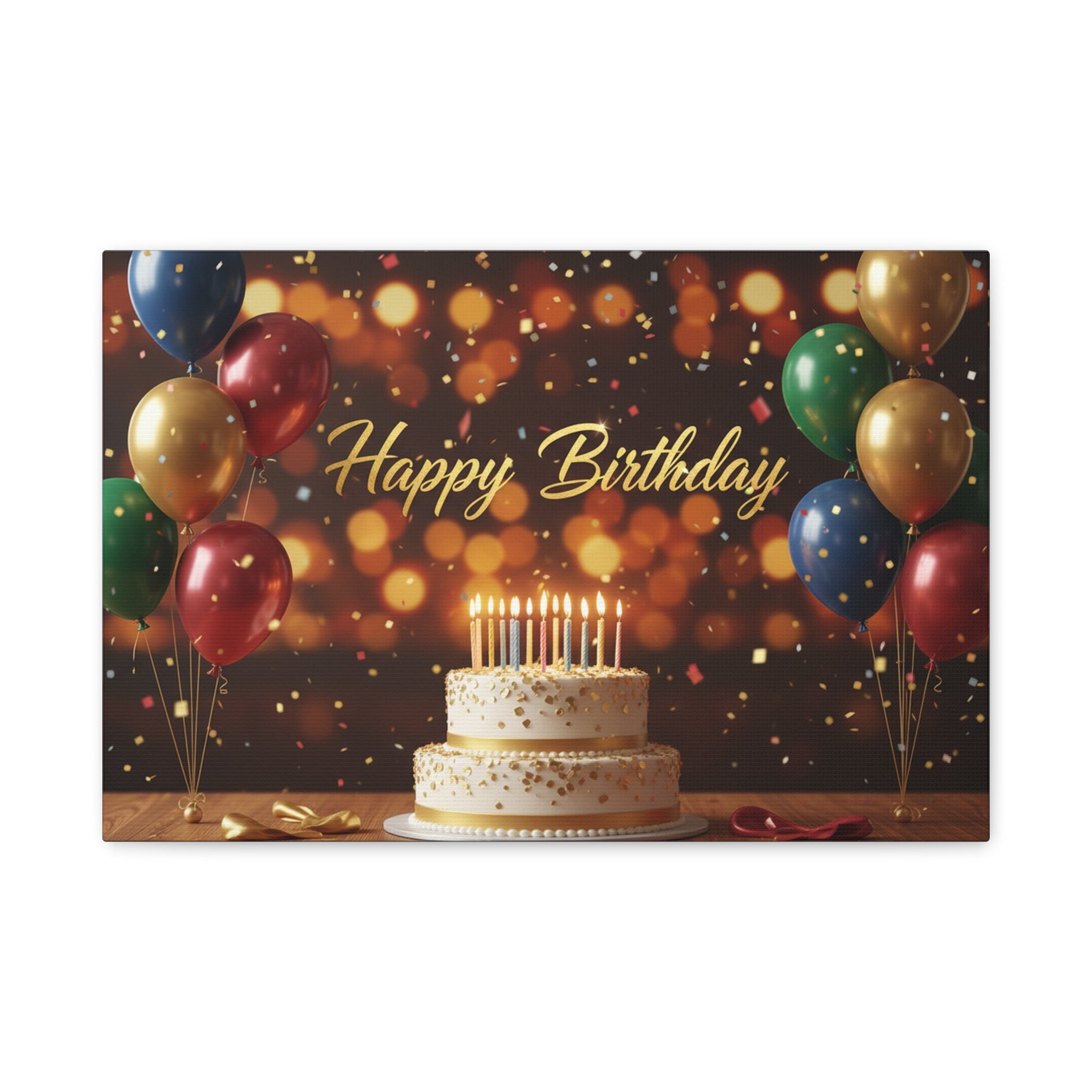 Happy Birthday Canvas Wall Art — Celebration Cake & Balloons Matte Stretched Print