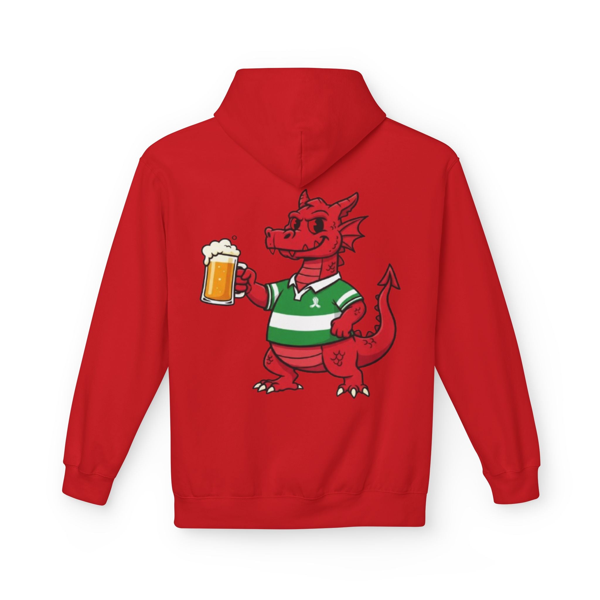 Welsh Dragon Drinking Beer Hoodie — Rugby Pub Fan Pullover
