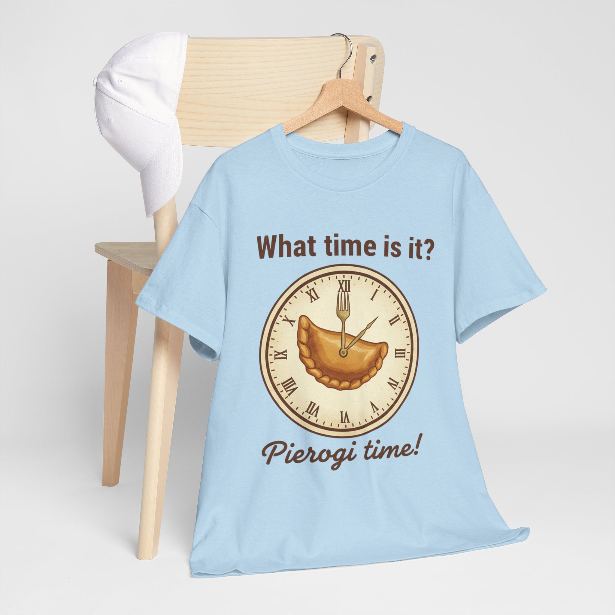 Pierogi Time T‑Shirt — "What time is it? Pierogi time!" Vintage Clock Food Tee