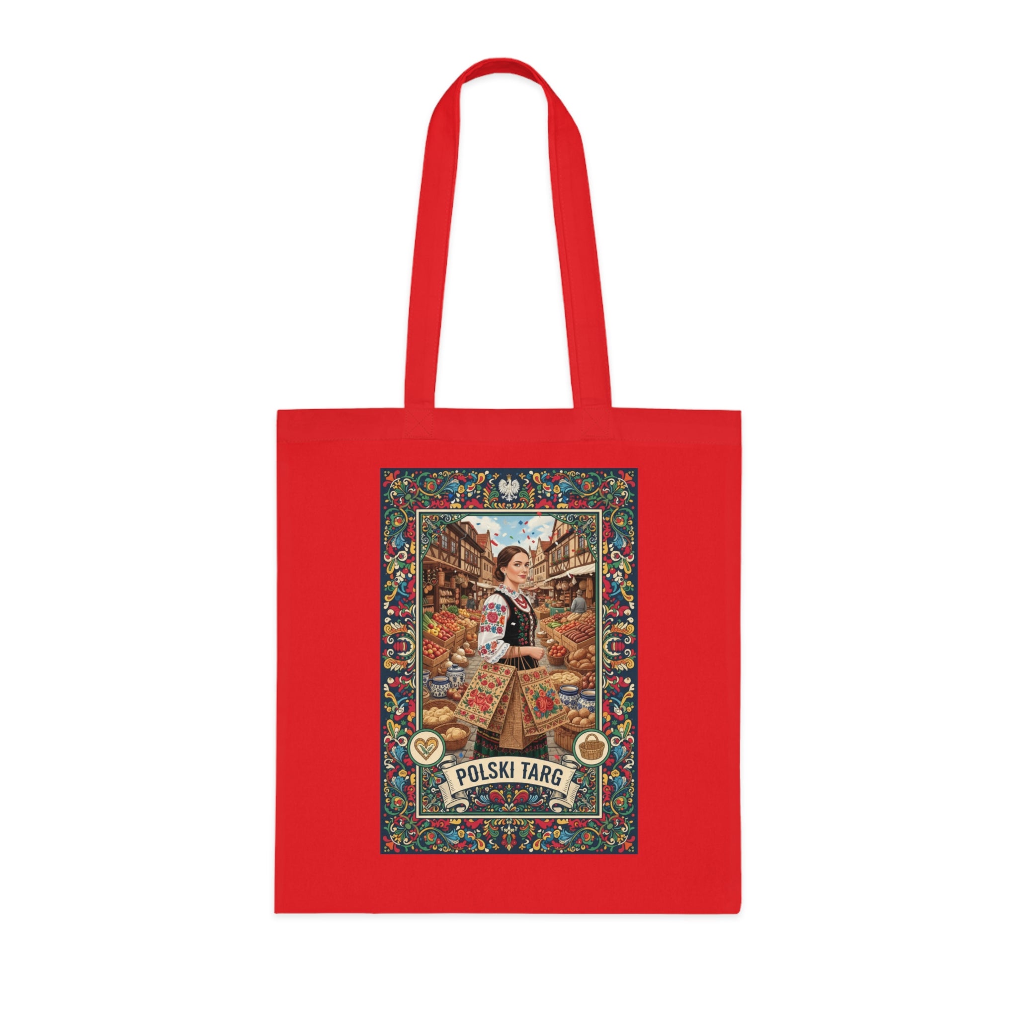 Polski Targ Cotton Tote — Vintage Polish Market Illustration Grocery Bag
